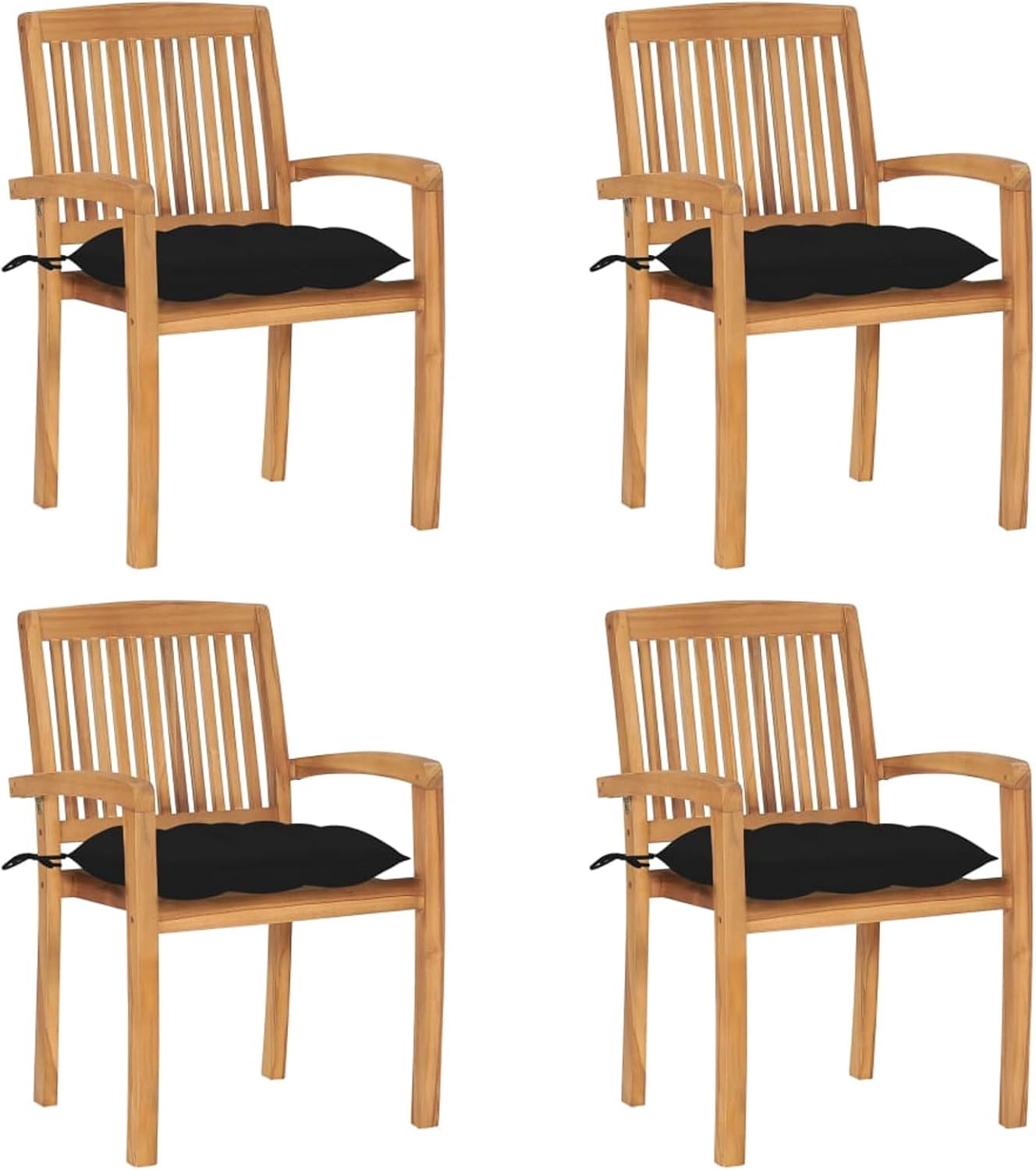 4 x stapelbare tuinstoel met kussen, stapelstoel, houten stoel, balkonstoel, terrasstoel, tuinmeubelen, massief hout, teak, zwart