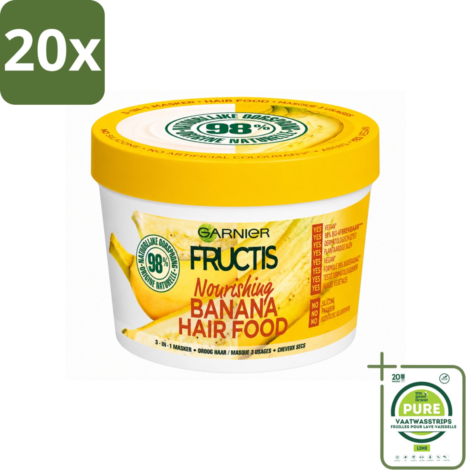 20 x Garnier - Fructis Hair Food Banana - 3-in-1 Haarmasker - Voedend - Droog Haar - 400 ml - Grootverpakking - Vaatwasstrips - Haarmasker Kokosmelk - Haarmasker Macadamia - Haarmasker Normaal Haar - Haarmasker Droog Haar - Haarmasker 97% Natuurlijk