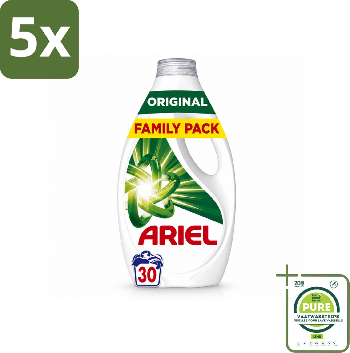 5 x Ariel - Vloeibaar Wasmiddel - Original - 30 Wasbeurten - 1350 ml - Grootverpakking - Vaatwasstrips - Wasmiddel - Vlekverwijdering - Koud Wassen - Frisse Geur - Ariel