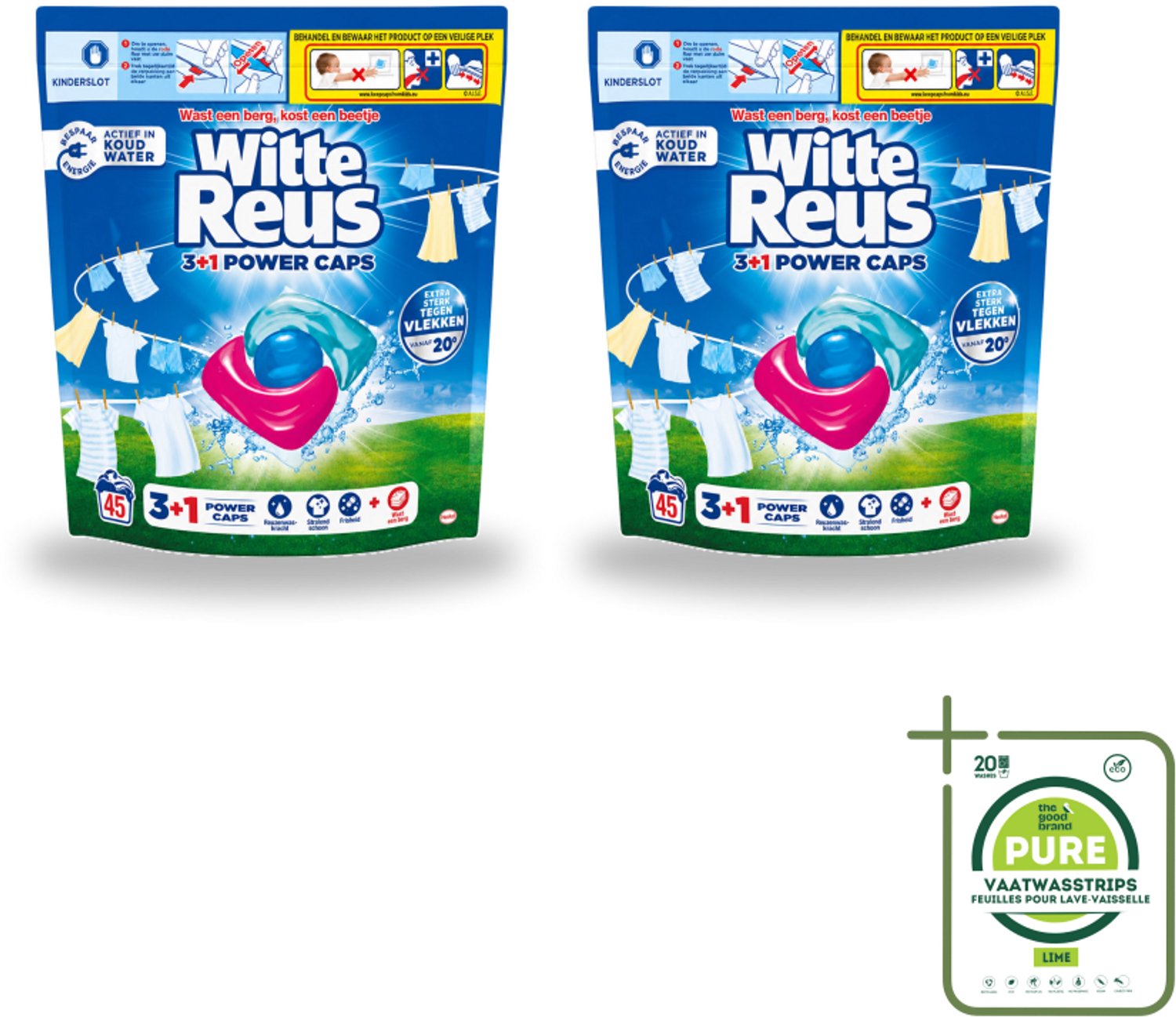 2 x Witte Reus - 3+1 Power Caps - Witte Was - 45 Wasbeurten - Grootverpakking - Vaatwasstrips - Witte Reus Power Caps - Waskracht - Witte Wasgoed - Lichtgekleurd Wasgoed - Vlekverwijdering