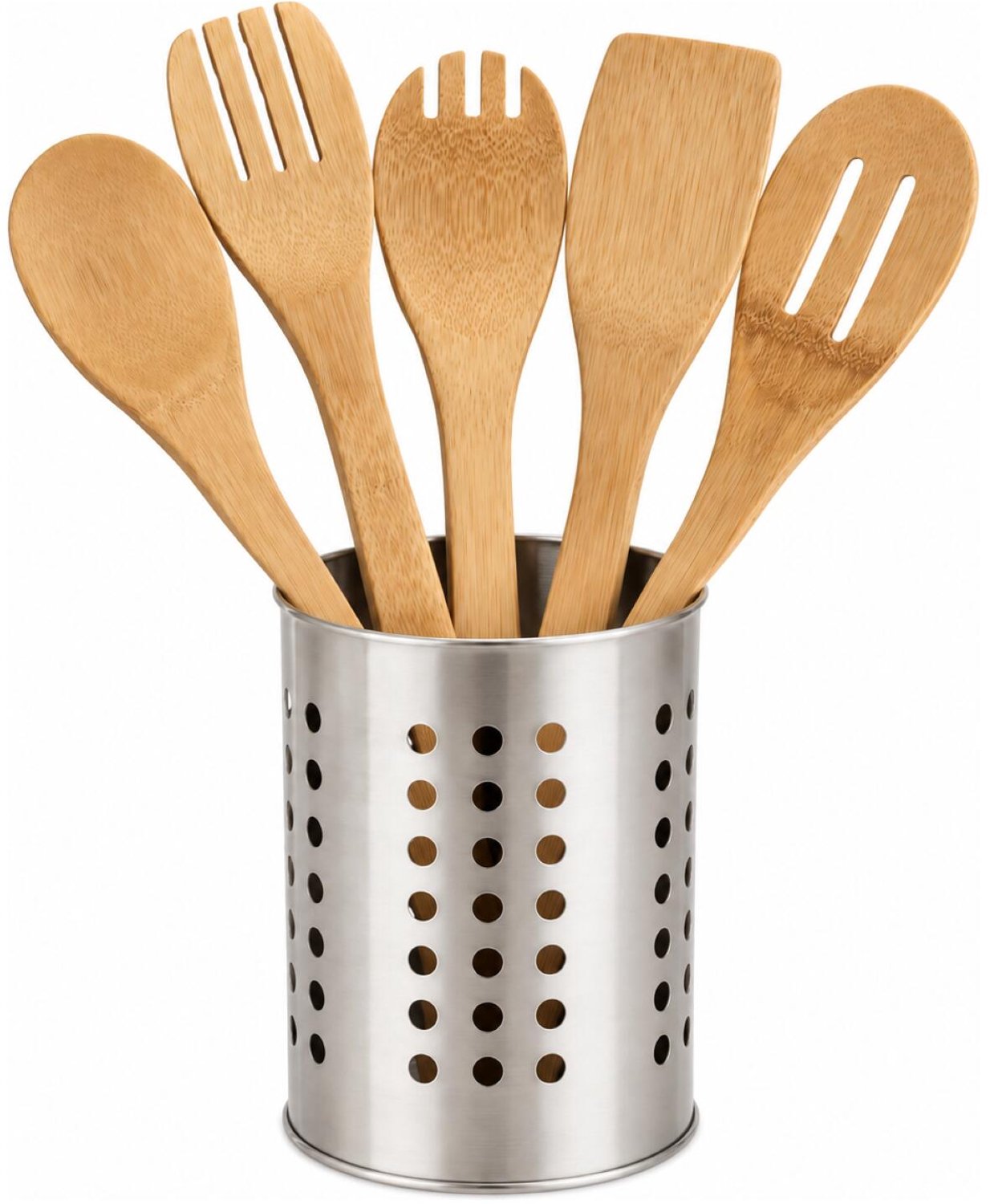Alessandro Keukengerei set - houten spatels / lepels 5 delig - rvs houder van 11 x 18 cm - bamboe keukenlepels - keukenhulp
