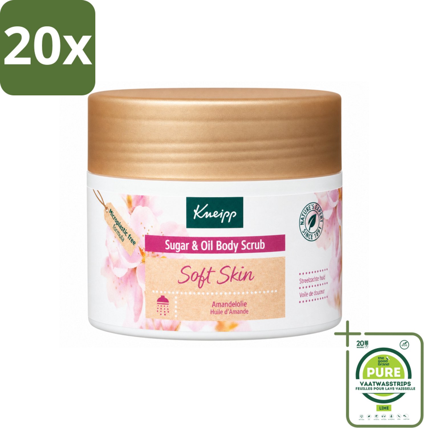 20 x Kneipp - Body scrub - Sugar & Oil - Soft Skin - Voor droge en gevoelige huid - 220 g - Grootverpakking - Vaatwasstrips - Huidverzorging - Suiker Scrubb - Amandelolie - Droge Huid - Gevoelige Huid