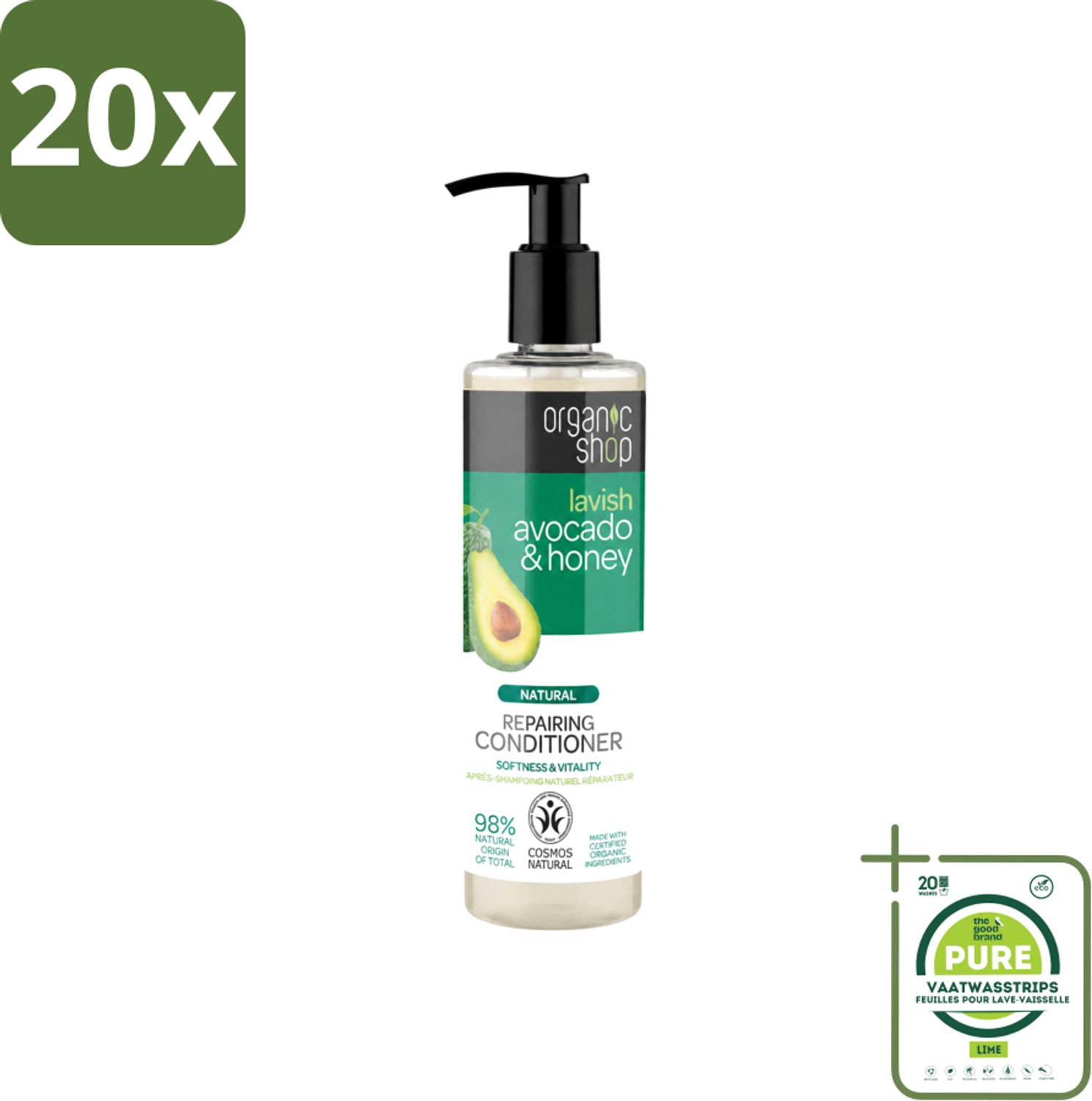 20 x Organic Shop - Natural Repairing Conditioner - Avocado & Honey - 280 ml - Grootverpakking - Vaatwasstrips - Herstel Haar - Natuurlijke Conditioner - Avocado En Honing - Droog Haar - Beschadigd Haar