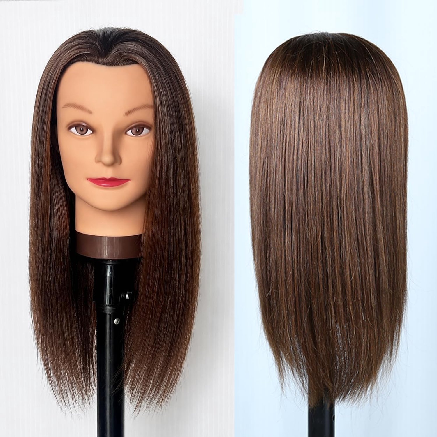 Trainingshoofd 100% Echt Mensenhaar, Donkerbruin 40cm, Met Tafelklem en Stylingtools, Voor Kappersopleiding en Cosmetologie Oefening