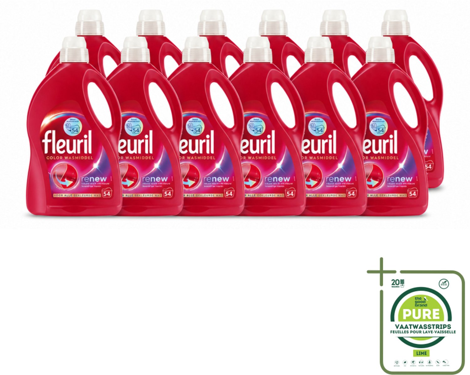 12 x Fleuril - Wasmiddel - Renew Color Vloeibaar Wasmiddel - Gekleurde Was - 54 wasbeurten - Grootverpakking - Vaatwasstrips - Kleurbehoud - Wasmiddel Voor Gekleurde Kleding - Vloeibaar Wasmiddel - Vezelverzorging - Frisse Geur