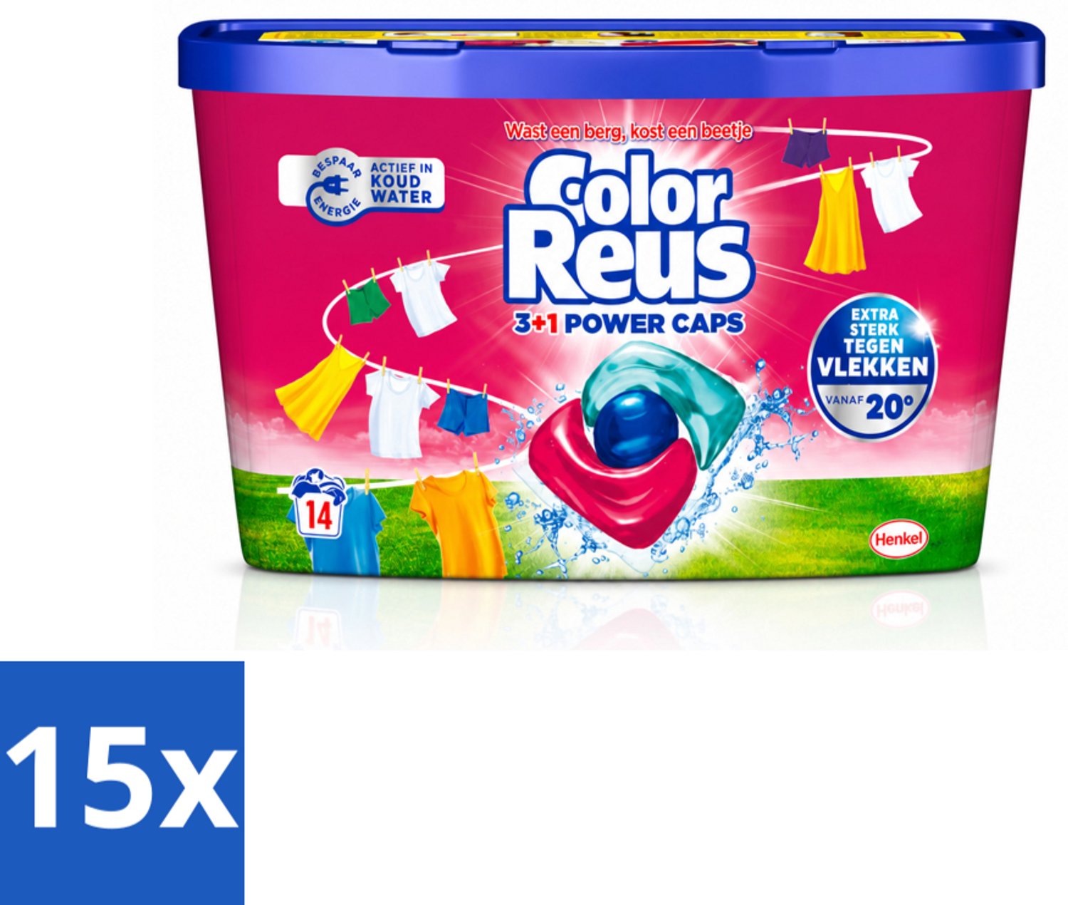 15 x Color Reus - 3+1 Power Caps - Gekleurde Was - 14 Wasbeurten - Voordeelverpakking - 15 stuks