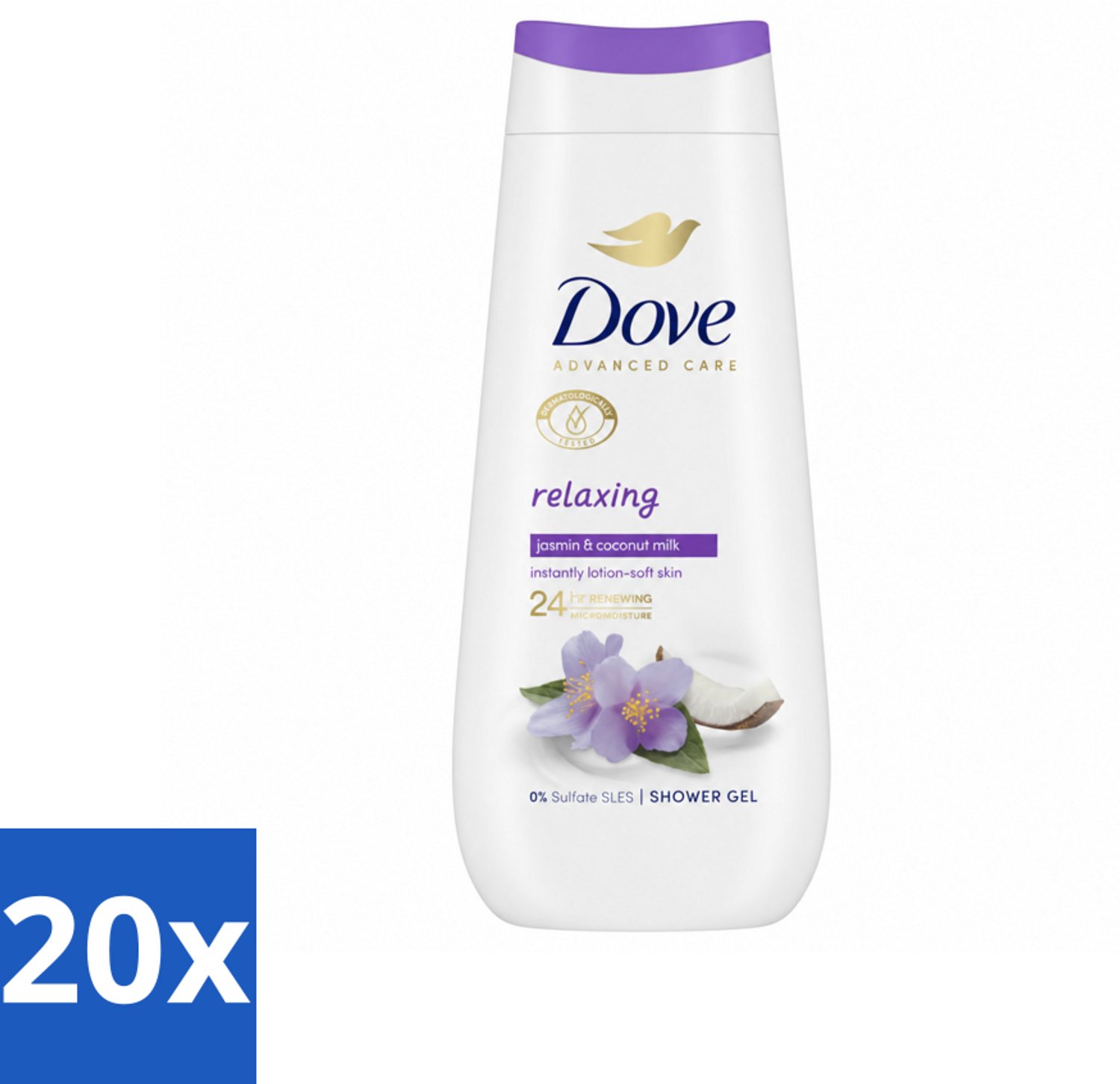 20 x Dove Douchecrème - Relaxing - Kokos & Jasmijn - 225 ml - Voordeelverpakking - 20 stuks
