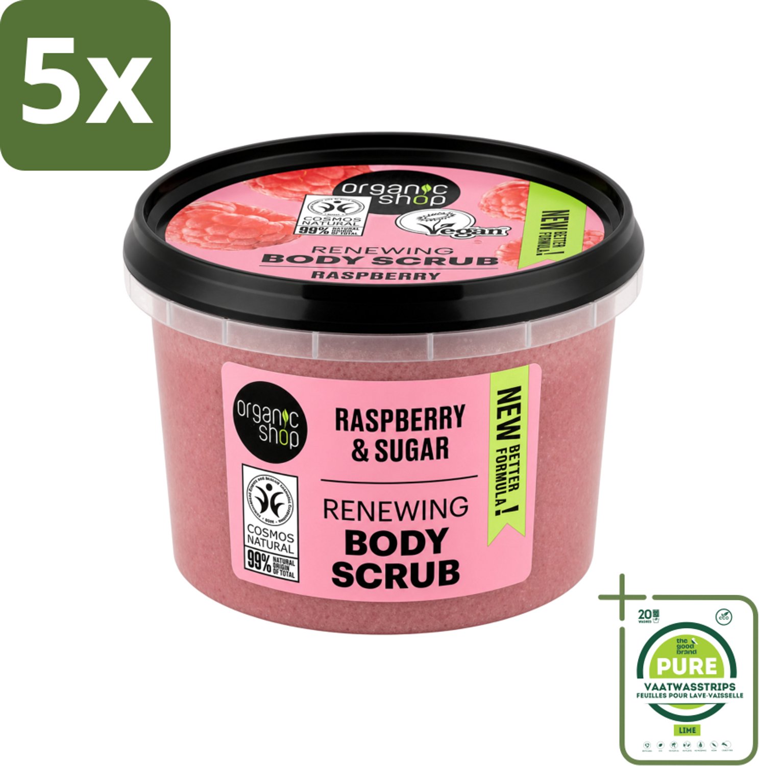 5 x Organic Shop - Organic Raspberry & Sugar Body Scrub - Verfrissend en Peeling - 250 ml - Grootverpakking - Vaatwasstrips - Biologische Bodyscrub - Framboos Scrub - Natuurlijke Exfoliatie - Huidverzorging - Huidpeeling