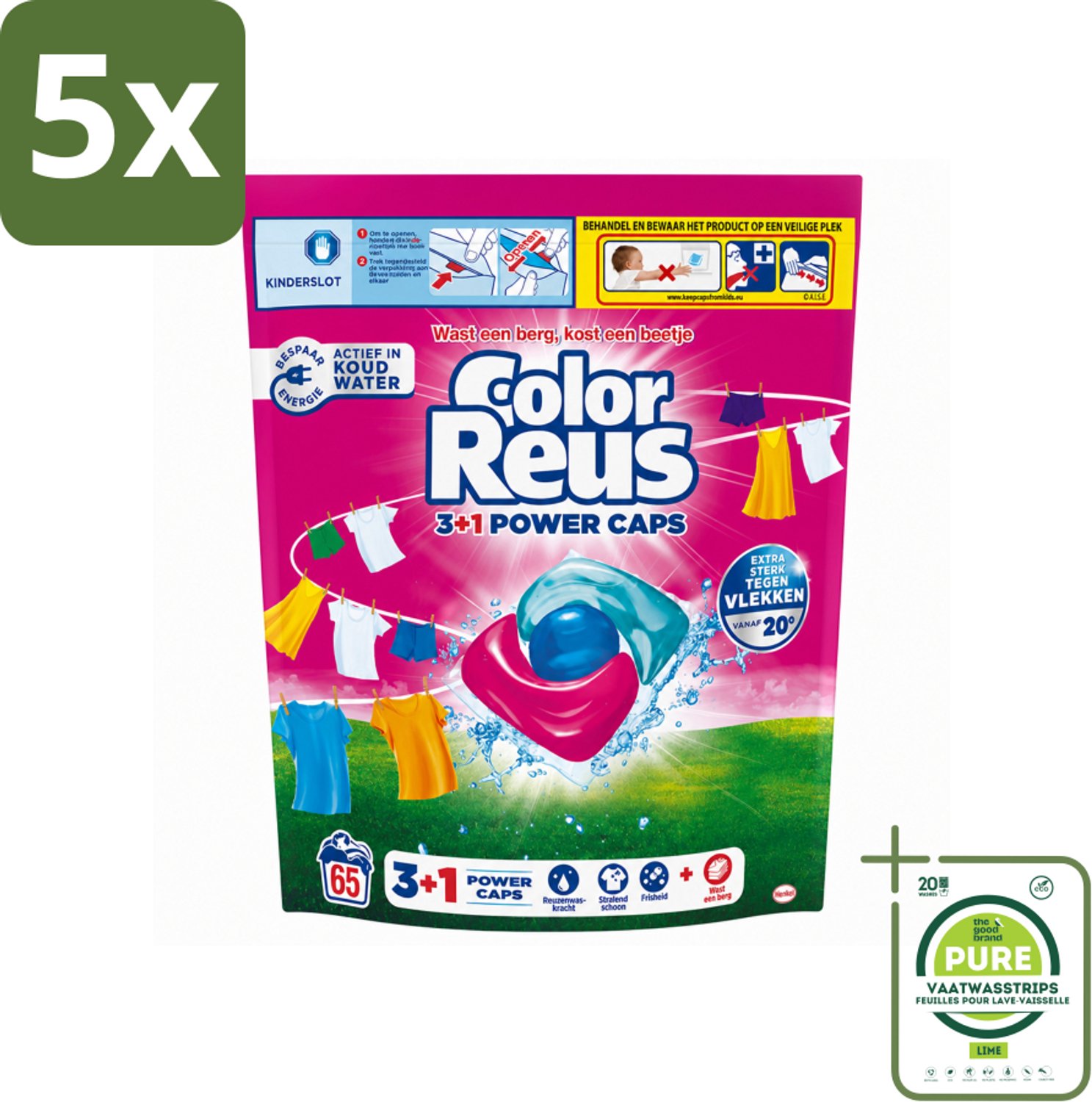 5 x Color Reus - 3+1 Power Caps - Gekleurde Was - 65 Wasbeurten - Grootverpakking - Vaatwasstrips - Kleurbehoud - Wasresultaten - Vlekverwijdering - Krachtige Was - Frisse Was