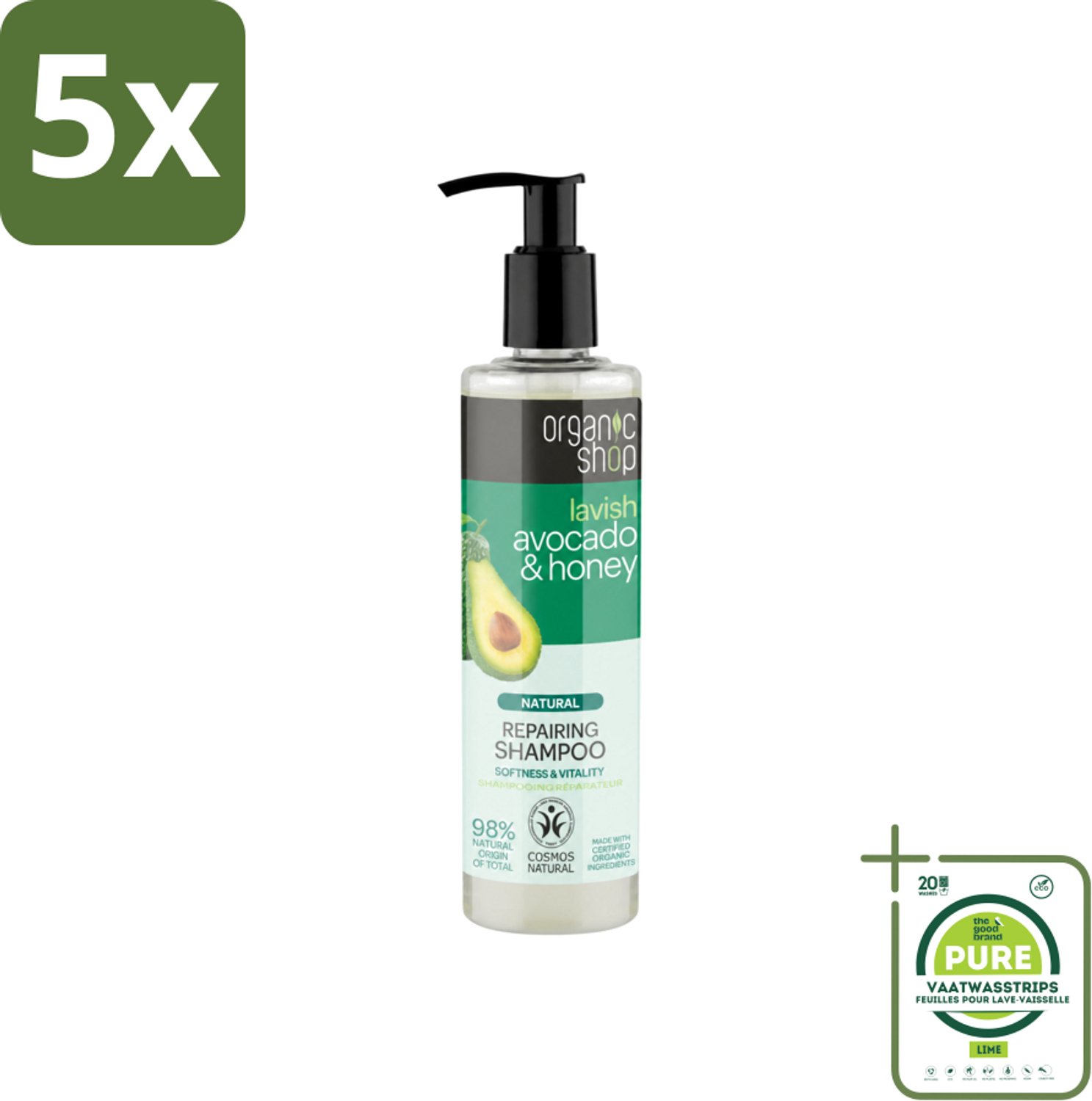 5 x Organic Shop - Natural Repairing Shampoo - Avocado & Honey - Hydraterend en Herstellend - 280 ml - Grootverpakking - Vaatwasstrips - Natuurlijke Shampoo - Avocado En Honing - Herstellend Haar - Hydraterend Haar - Droog Haar