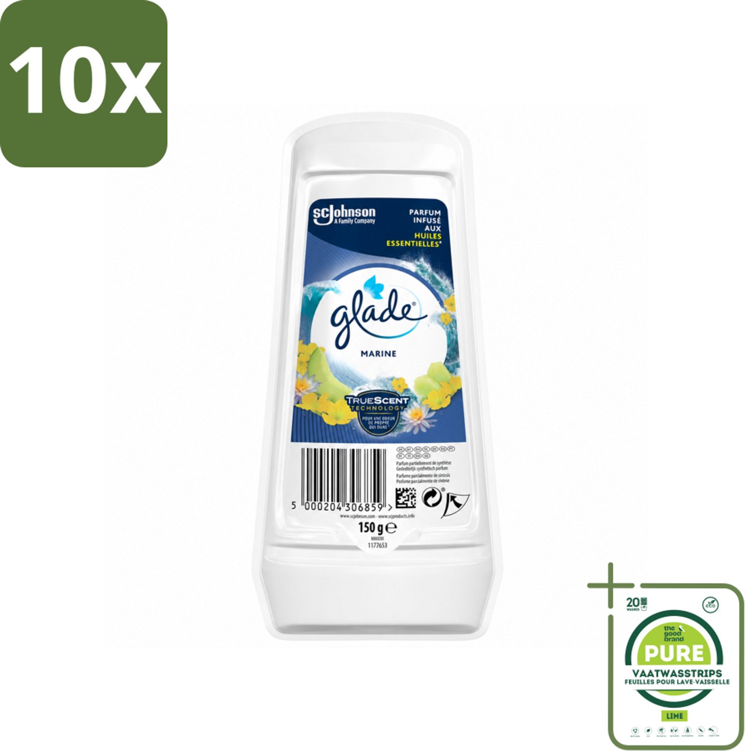 10 x Glade - Gel - Marine - 150 g - Grootverpakking - Vaatwasstrips - Frisse Lucht - Zeelucht - Luchtverfrisser - Maritieme Geur - Ontspannende Geur