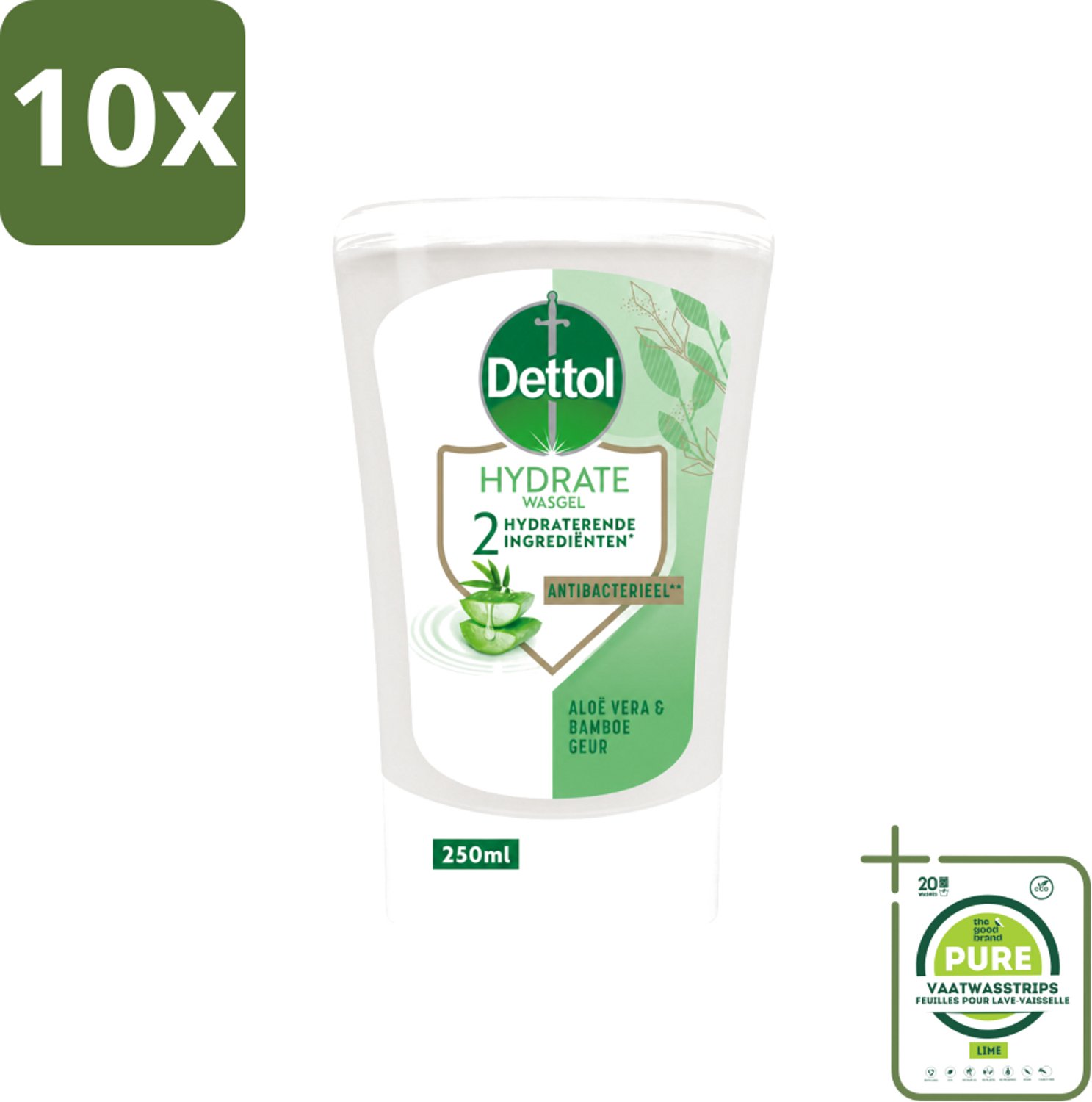 10 x Dettol - Wasgel Navulling - Hydrate - Aloë Vera & Bamboe - 250 ml - Grootverpakking - Vaatwasstrips - Handwasgel - Zeepdispensers - Hygiëne - Antibacteriële Wasgel - Aloë Vera
