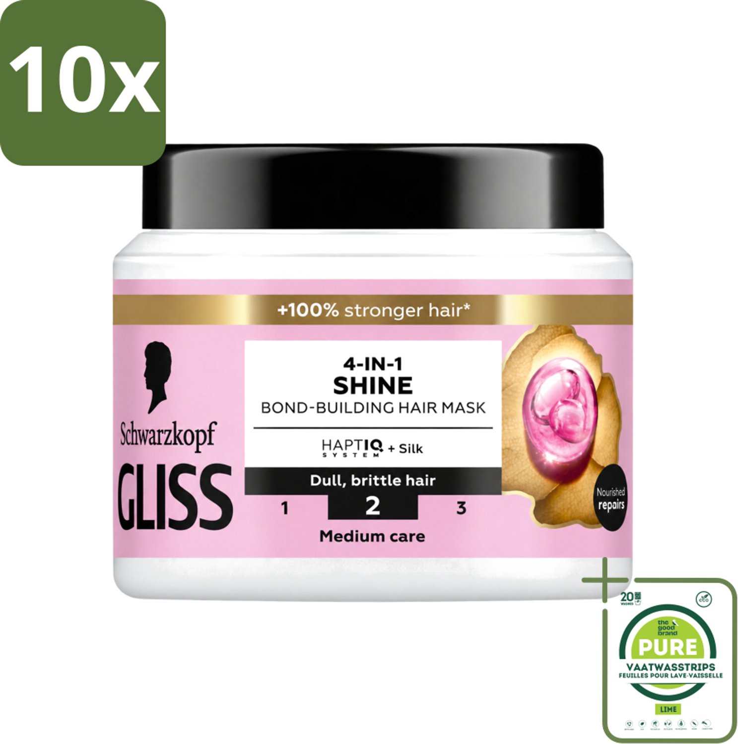 10 x Gliss - Haarmasker - 4in-1 Hair Mask - Voor Zijdezacht en Glanzend Haar - 400 ml - Grootverpakking - Vaatwasstrips - Haarmasker - Zijde - Glans - Haarherstel - Haarvoeding
