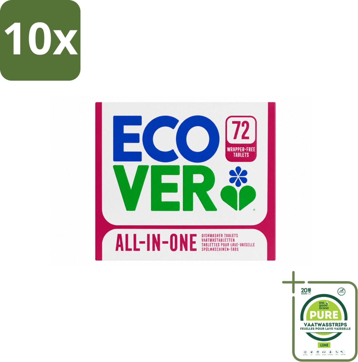 10 x Ecover - Vaatwastabletten All-in-One - Lemon & Mandarin - 72 Tabs - Grootverpakking - Vaatwasstrips - Vaatwastabletten - Natuurlijke Reiniging - Milieuvriendelijke Vaatwas - Citroen En Mandarijn - Plasticvrij
