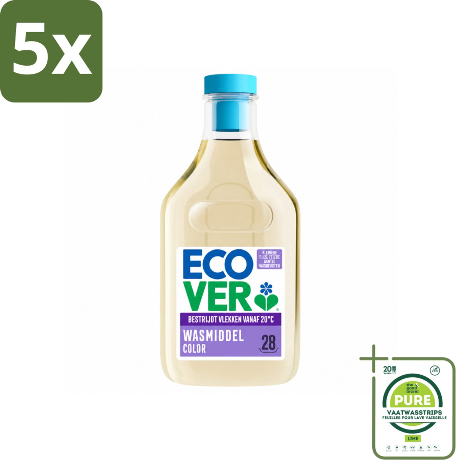 5 x Ecover - Vloeibaar wasmiddel - Color - Appelbloesem & Freesia - 1 liter - 28 wasbeurten - Grootverpakking - Vaatwasstrips - Wasmiddel Kleur - Natuurlijk Wasmiddel - Biologisch Afbreekbaar - Kleuroverdracht Voorkomen - Vlekken Verwijderen