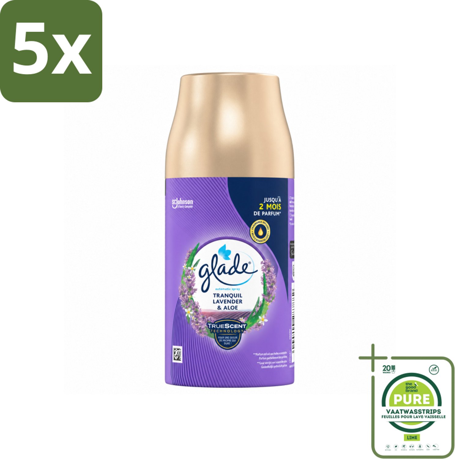 5 x Glade - Automatische Spray - Tranquil Lavender & Aloë - 269 g - Grootverpakking - Vaatwasstrips - Lavendel - Aloe Vera - Viooltjesblad - Ontspanning - Geur