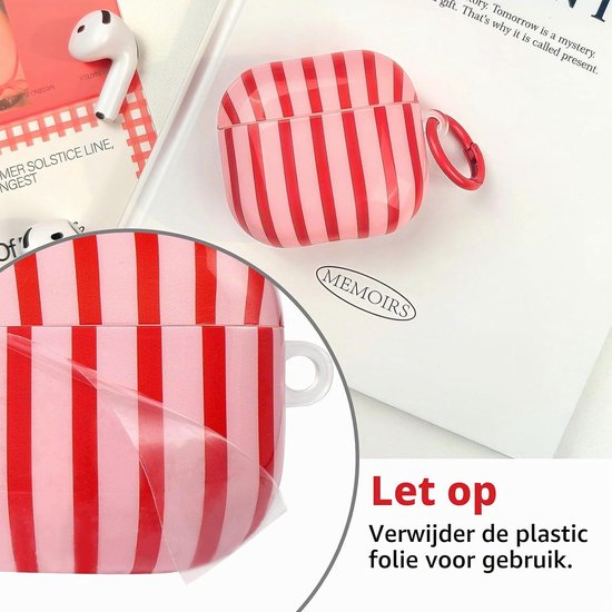 Compatibel met AirPods Pro 3e Generatie met Reinigingsset, Schattig Modieus Strepen Patroon Esthetisch Stripes Design, Schokbestendige Sleutelhanger Hoes - Rood — afbeelding 2