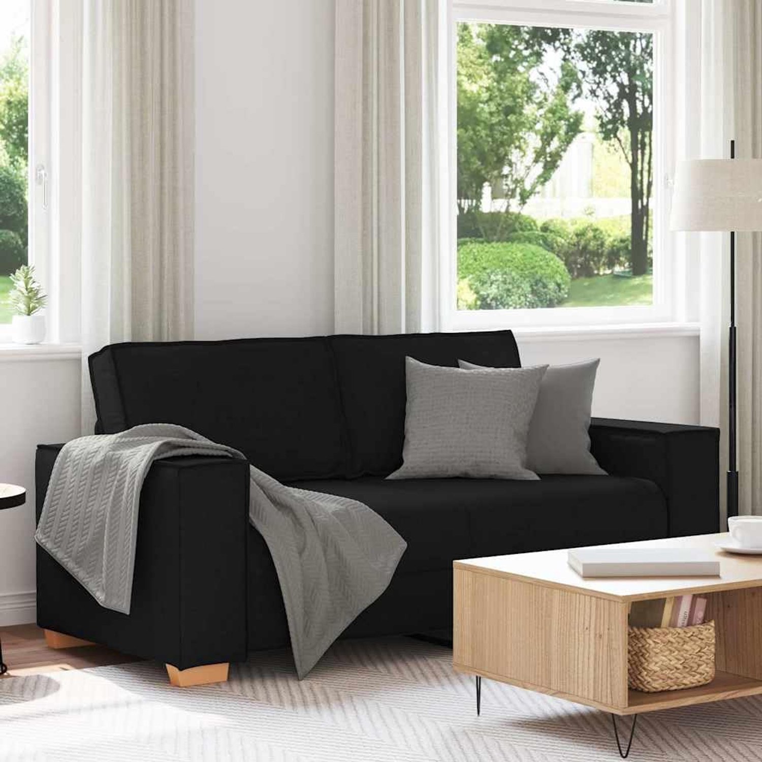 2-zitsbank, zwart, 140 cm, stof, comfortabel gestoffeerd meubel met brede armleuningen en stabiel houten metalen frame, voor woonkamer en kantoor, zacht ademend