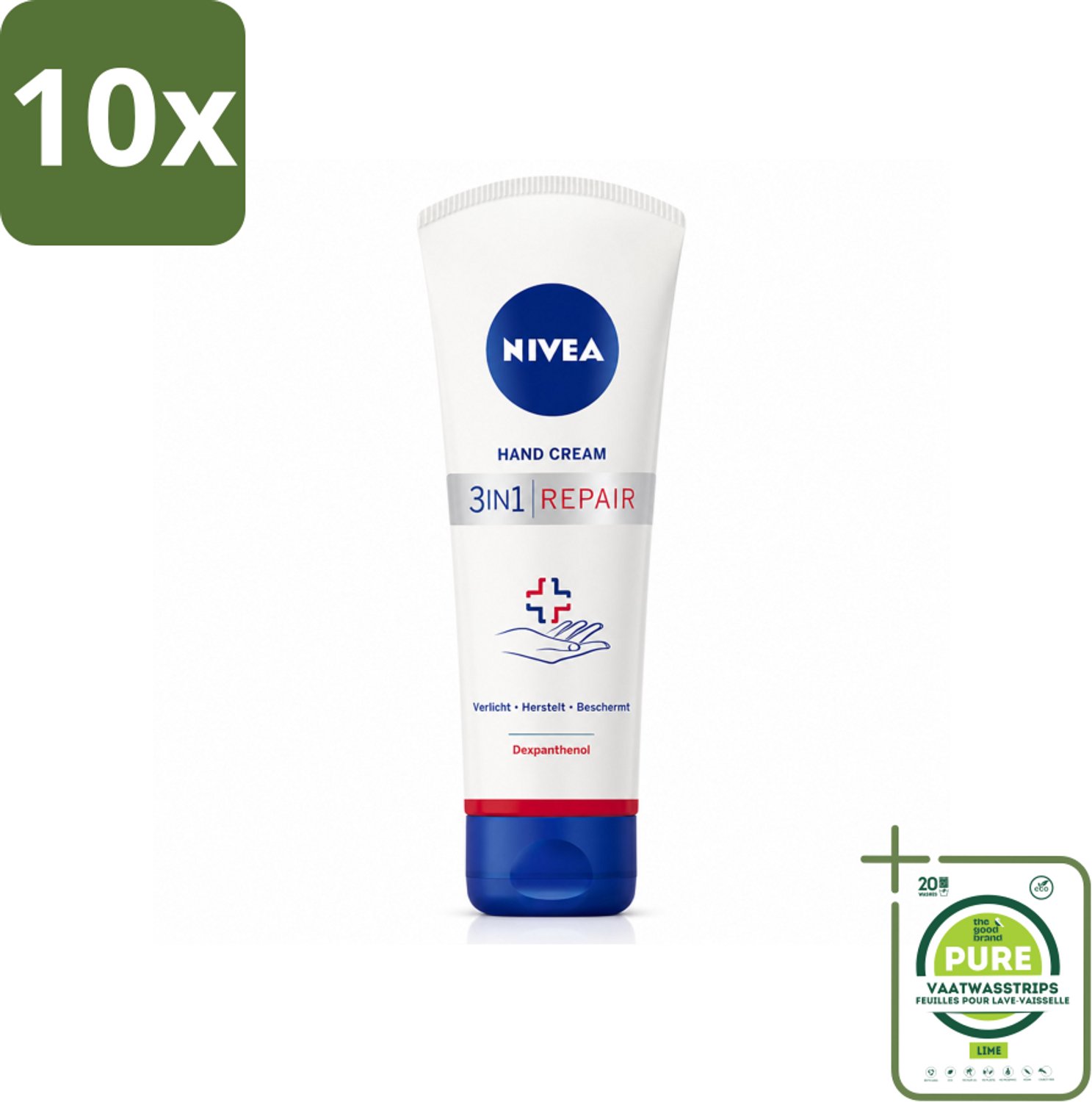10 x NIVEA - Handcrème - 3-in-1 Herstel - Verlicht - Herstelt - Beschermt - 100 ml - Grootverpakking - Vaatwasstrips - Handcrème - Droge Handen - Herstel - Hydratatie - Huidbarrière