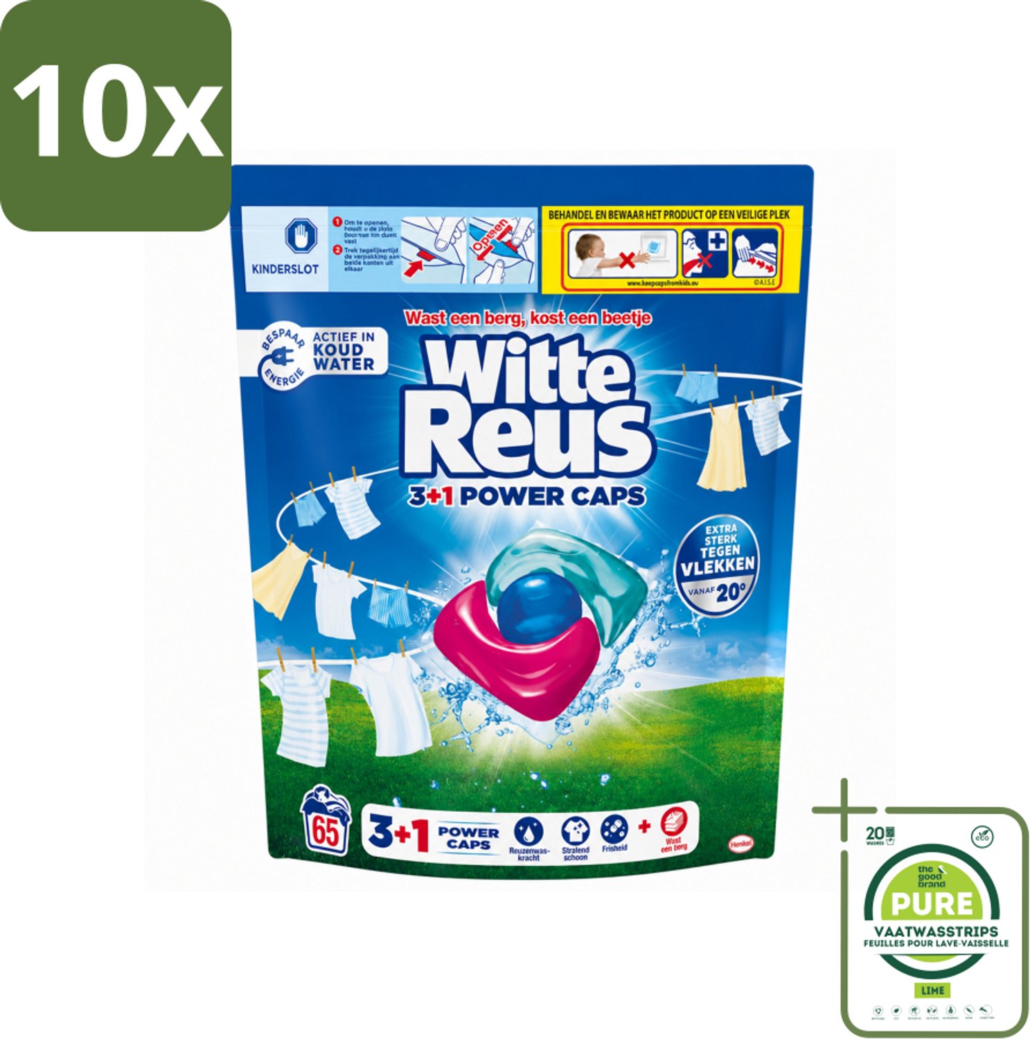 10 x Witte Reus - 3+1 Power Caps - Witte Was - 65 Wasbeurten - Grootverpakking - Vaatwasstrips - Witte Reus Power Caps - Wascapsules - Reiniging - Frisheid - Vlekverwijdering
