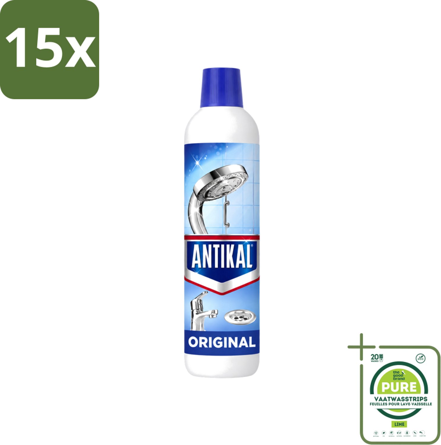15 x Antikal Original Gel - Kalkreiniger - Extra Hechting - Diepwerkend - 750 ml - Grootverpakking - Vaatwasstrips - Kalkreiniger - Kalkaanslag - Kalkvrij - Anti-druppel - Verticale Oppervlakken
