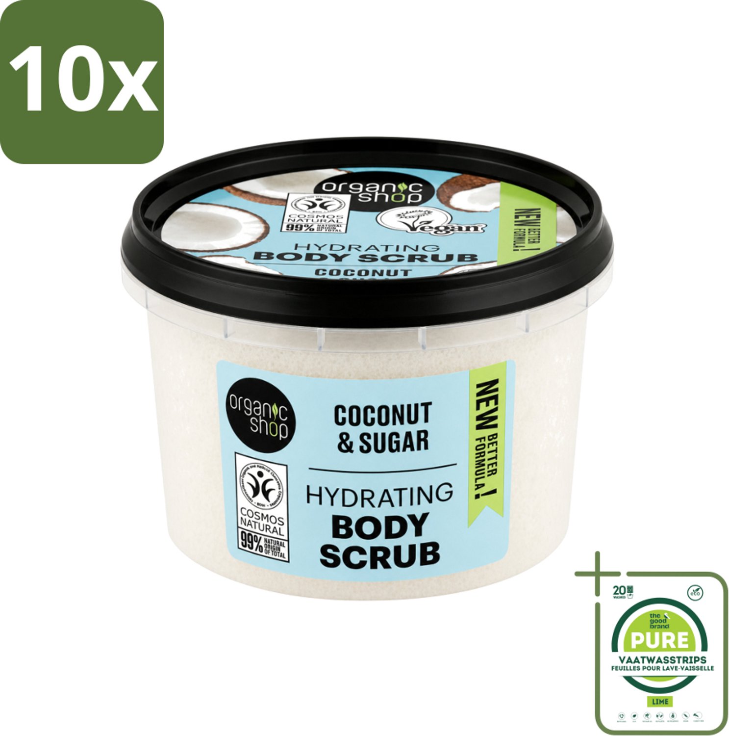 10 x Organic Shop - Hydrating Body Scrub Coconut - Diep Voedend - 250 ml - Grootverpakking - Vaatwasstrips - Hydratatie - Exfoliatie - Suikerscrub - Kokosolie - Natuurlijke Huidverzorging