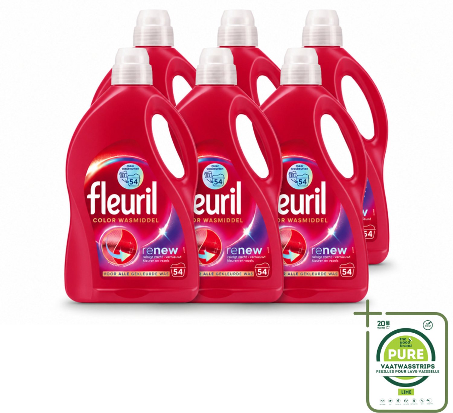 6 x Fleuril - Wasmiddel - Renew Color Vloeibaar Wasmiddel - Gekleurde Was - 54 wasbeurten - Grootverpakking - Vaatwasstrips - Kleurbehoud - Wasmiddel Voor Gekleurde Kleding - Vloeibaar Wasmiddel - Vezelverzorging - Frisse Geur