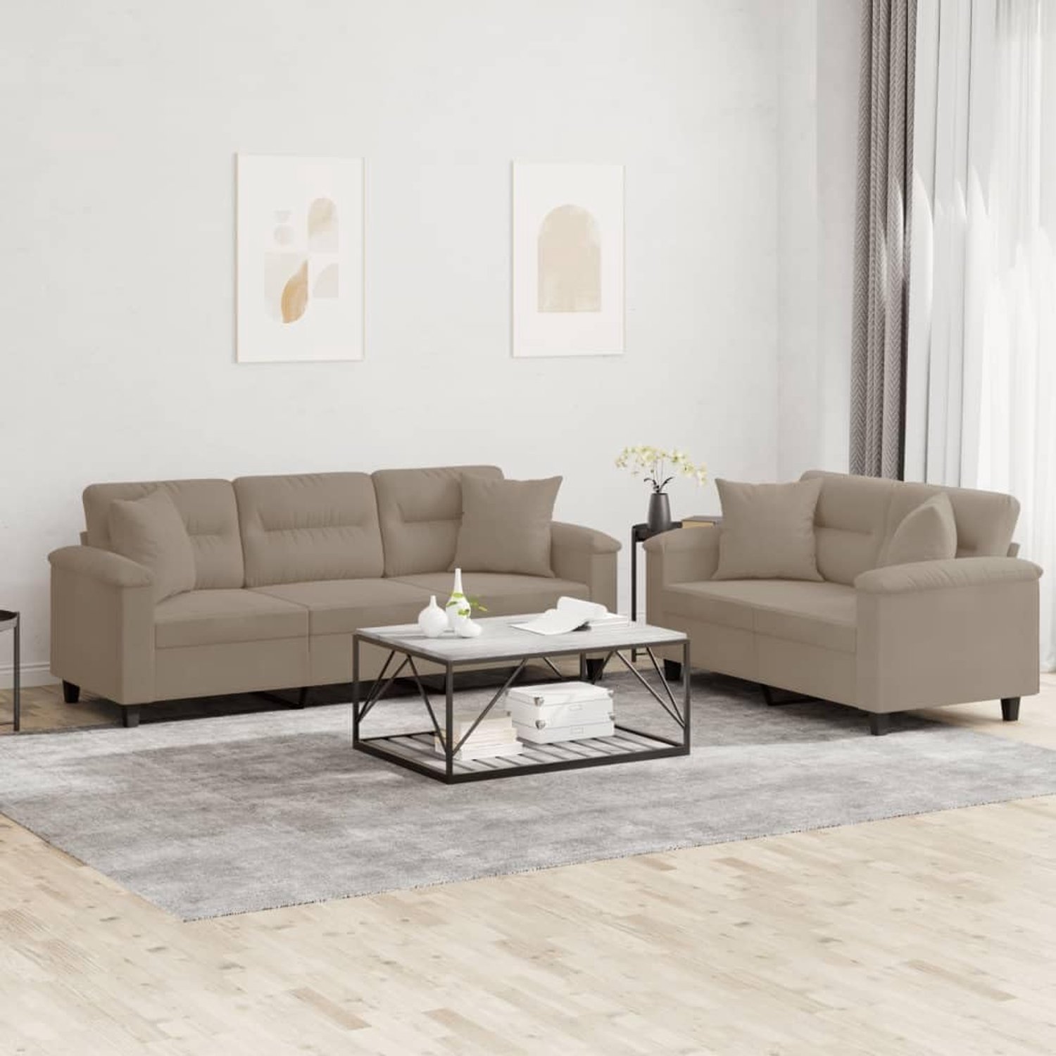 2-delige bankset met kussen taupe microvezelweefsel woonlandschap gestoffeerde meubels voor woonkamer met robuust frame
