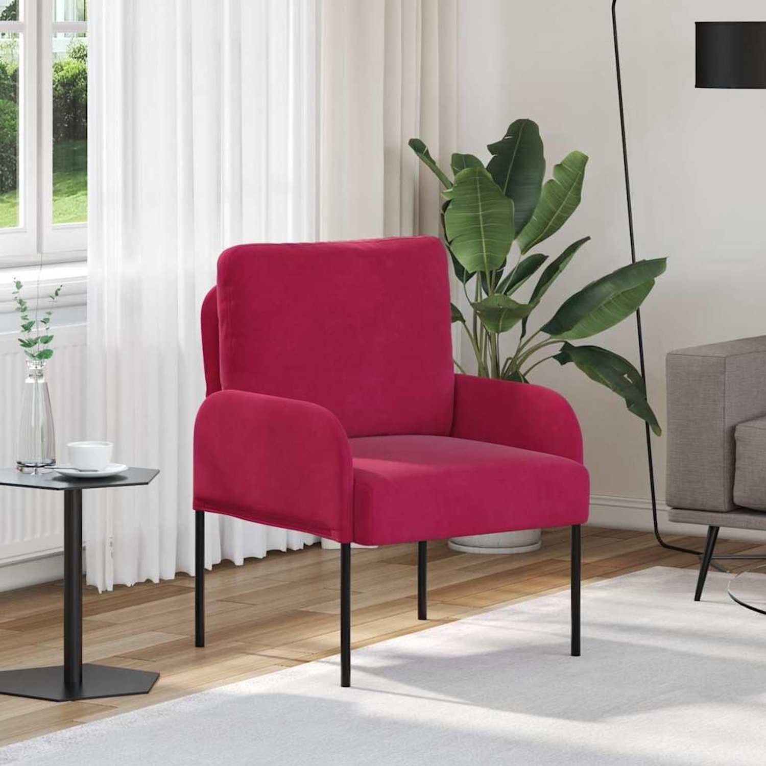 Sofa met 4 ronde kussens en metalen poten, modern sofakussendesign in wijnrood met polyester overtrek, voor woonkamer en eetkamer