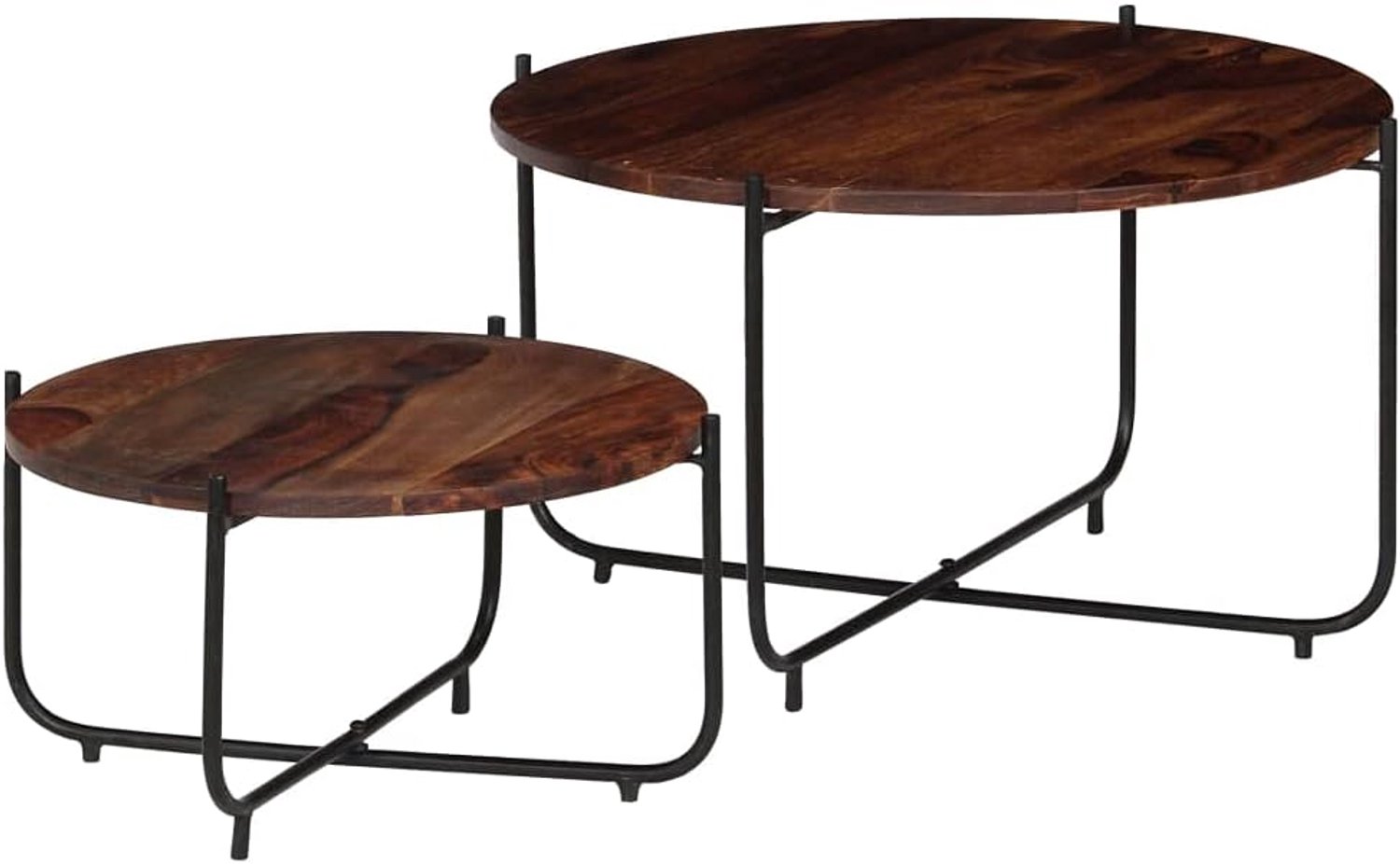 2-delige salontafelset van massief hout acacia en staal, koffietafel set met 2 tafels voor woonkamer, 60 x 35 cm tafelblad, robuuste bijzettafels met vintage design