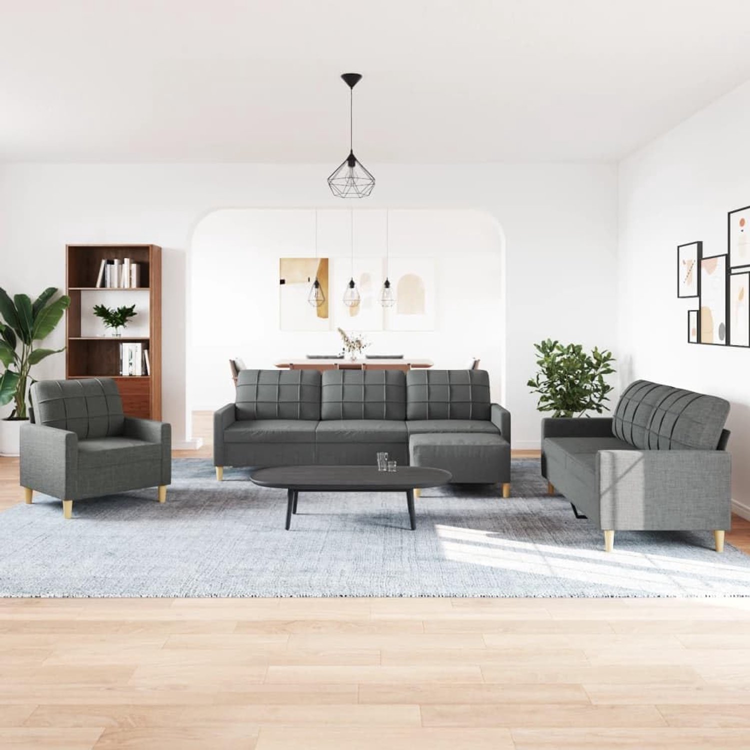 4-delige bankset met voetenbank in donkergrijs, bankstel van duurzaam polyester voor woonkamer, bankgroep met comfortabele bekleding en robuust