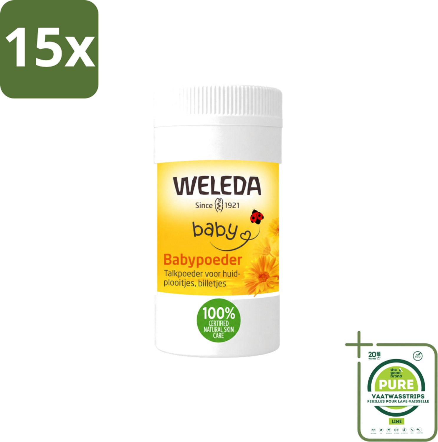 15 x WELEDA - Babypoeder - Baby & Kind Calendula - 20 g - Grootverpakking - Vaatwasstrips - Babyhuid Verzorging - Poeder Voor Babyhuid - Natuurlijke Babyhuid Verzorging - Calendula Poeder - Arnica Extract