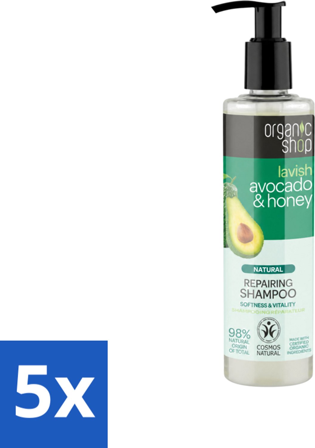 5 x Organic Shop - Natural Repairing Shampoo - Avocado & Honey - Hydraterend en Herstellend - 280 ml - Voordeelverpakking - 5 stuks