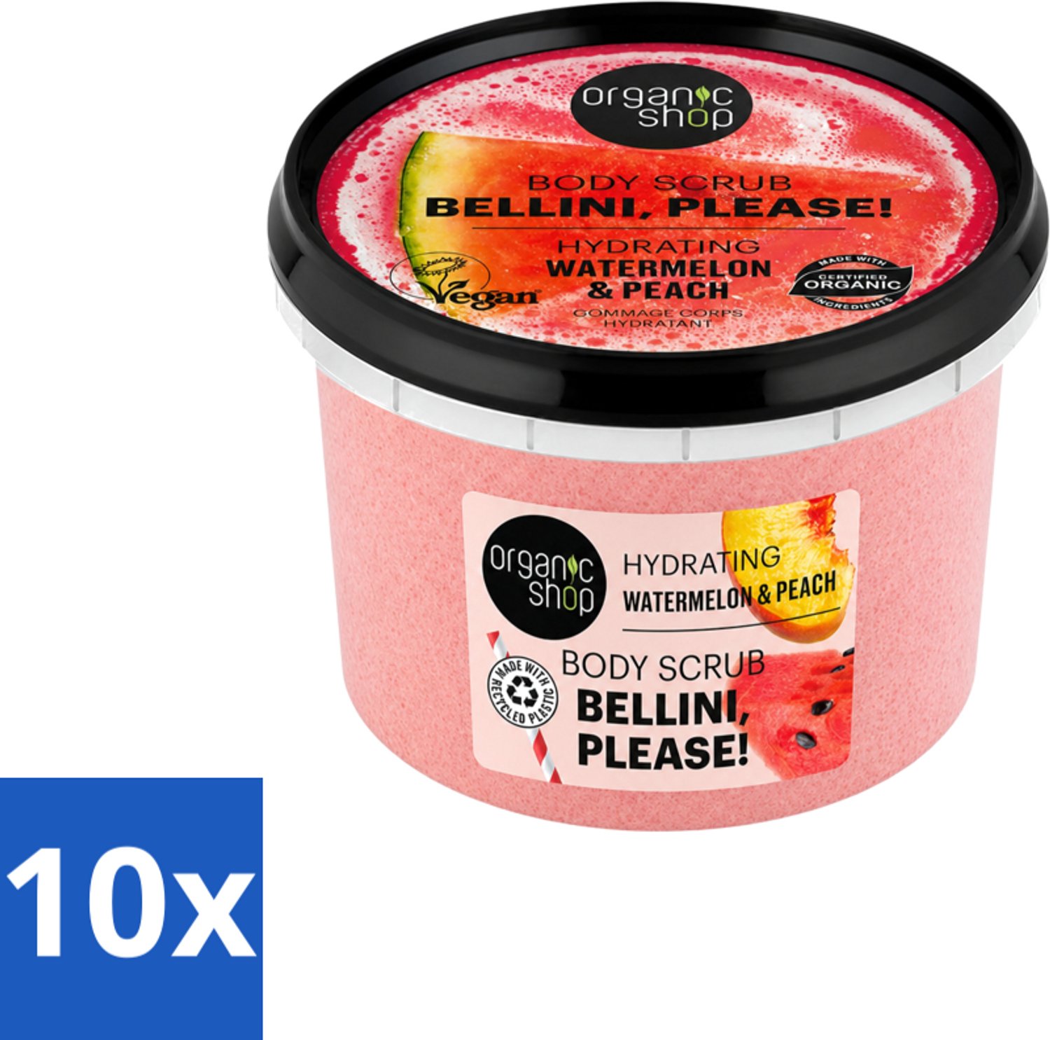 10 x Organic Shop - Body Scrub Watermelon & Peach - Hydratatie en Frisheid - 250 ml - Voordeelverpakking - 10 stuks