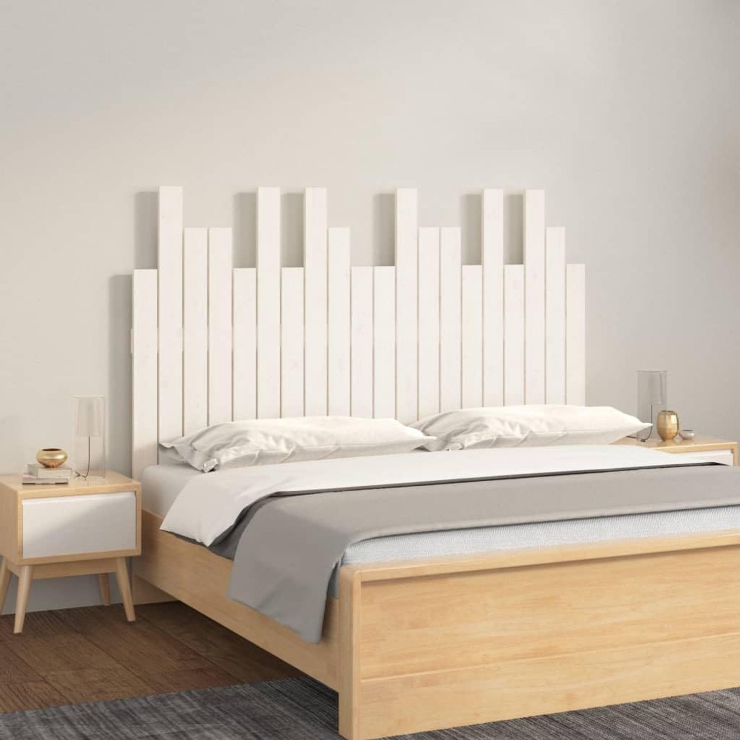 Grenen wandhoofdeinde in wit 127,5 x 3 x 80 cm met rustieke nerf voor wandmontage – elegant latten-design biedt comfortabele rugondersteuning en stijlvol