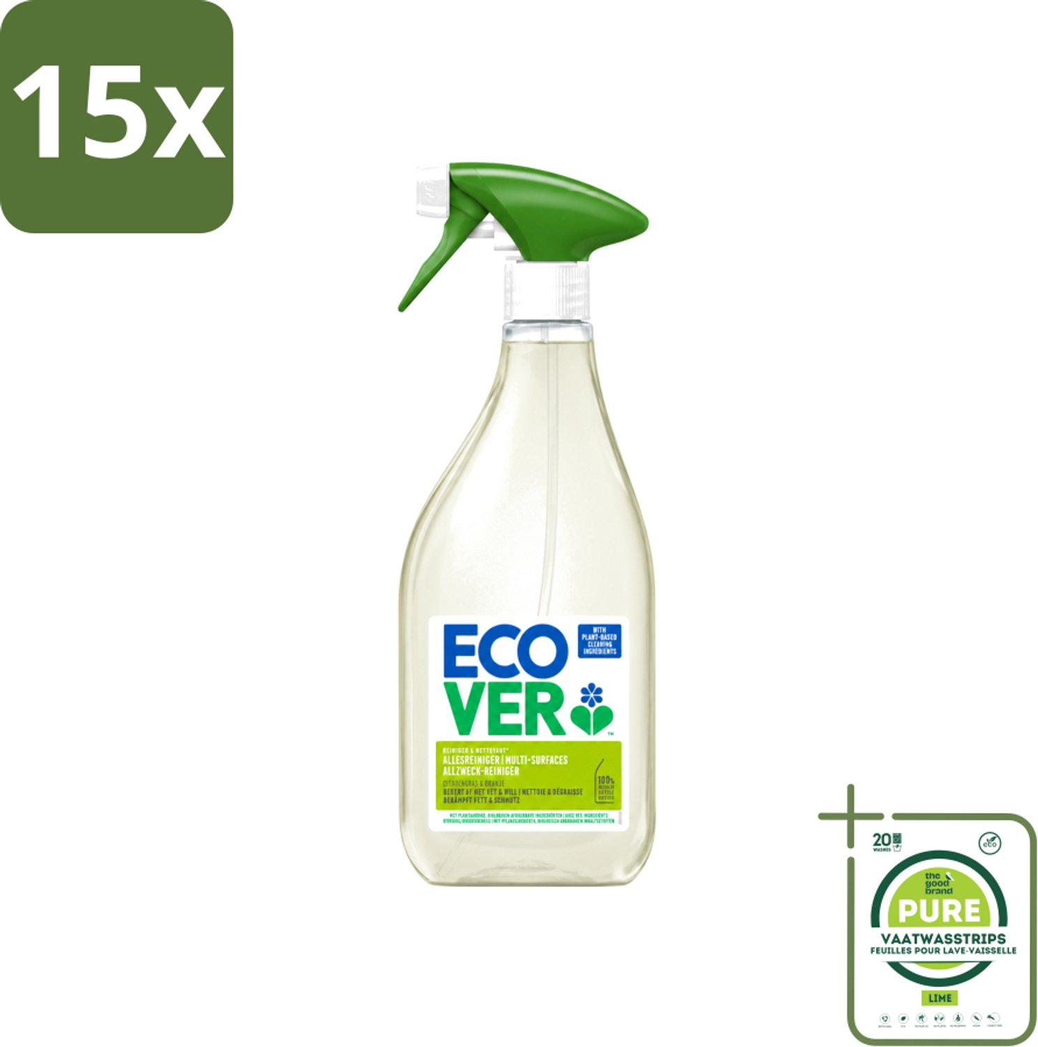 15 x Ecover - Allesreiniger Spray - Citroengras & Sinaasappel - 500 ml - Grootverpakking - Vaatwasstrips - Schoonmaken - Reinigingsmiddel - Citroengras - Sinaasappel - Natuurlijke Reiniging