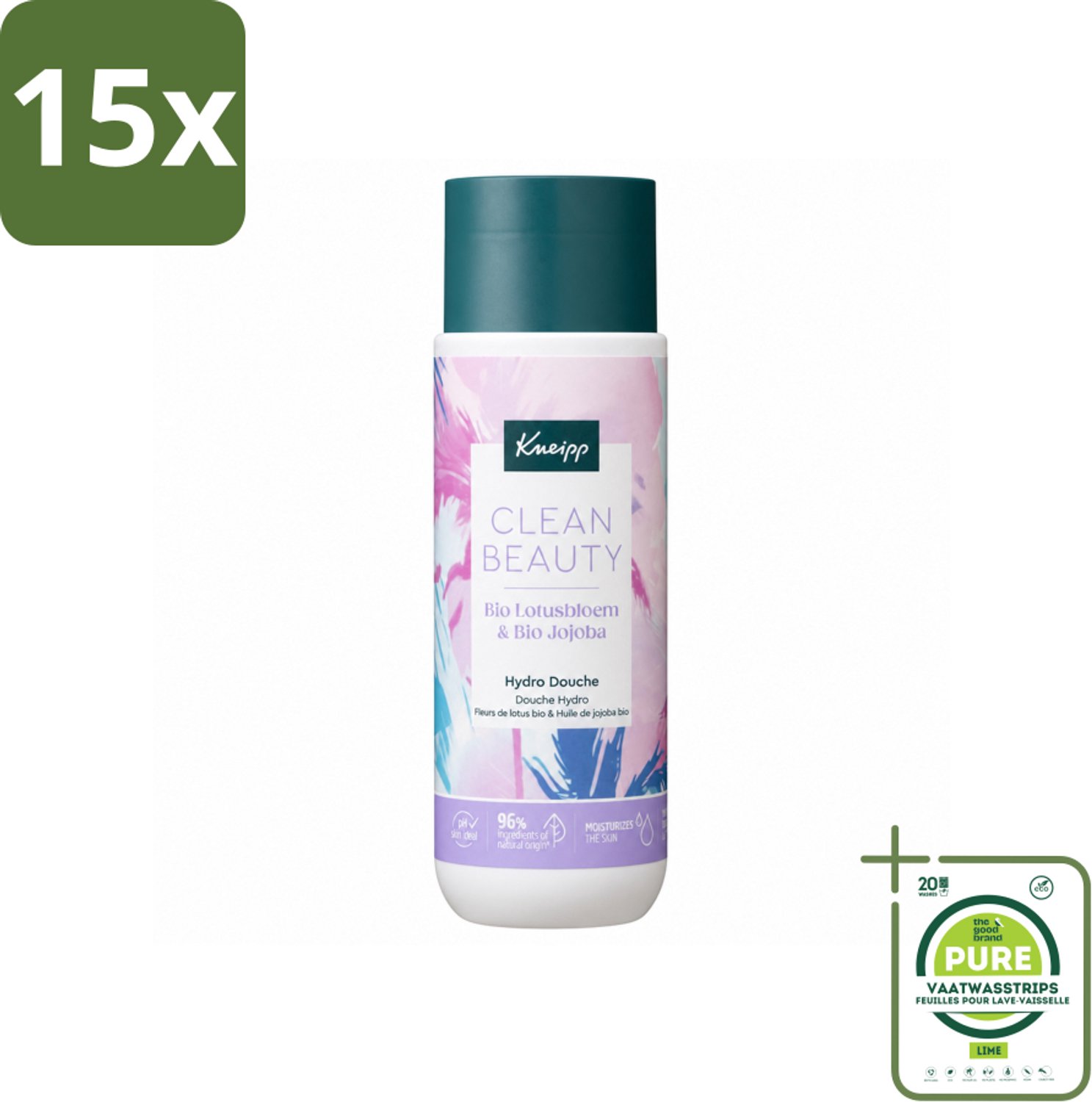 15 x Kneipp - Douchegel - Clean Beauty - Lotus & Jojoba - 200 ml - Grootverpakking - Vaatwasstrips - Douchegel - Natuurlijke Reiniging - Biologische Douchegel - Huidverzorging - Lotusbloem