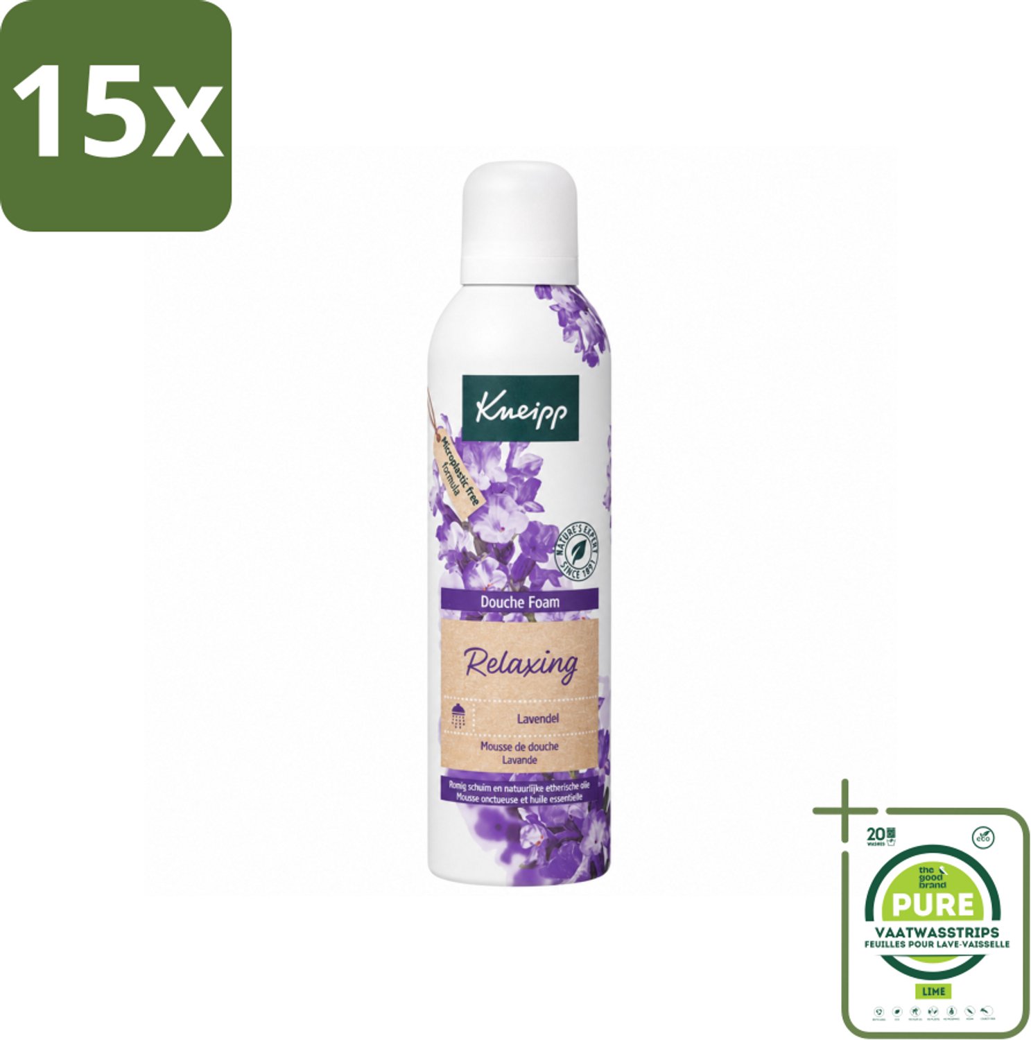 15 x Kneipp - Douche schuim - Relaxing - Lavendel - 200 ml - Grootverpakking - Vaatwasstrips - Douche Schuim - Ontspanning - Lavendel - Rust - Natuurlijke Geur