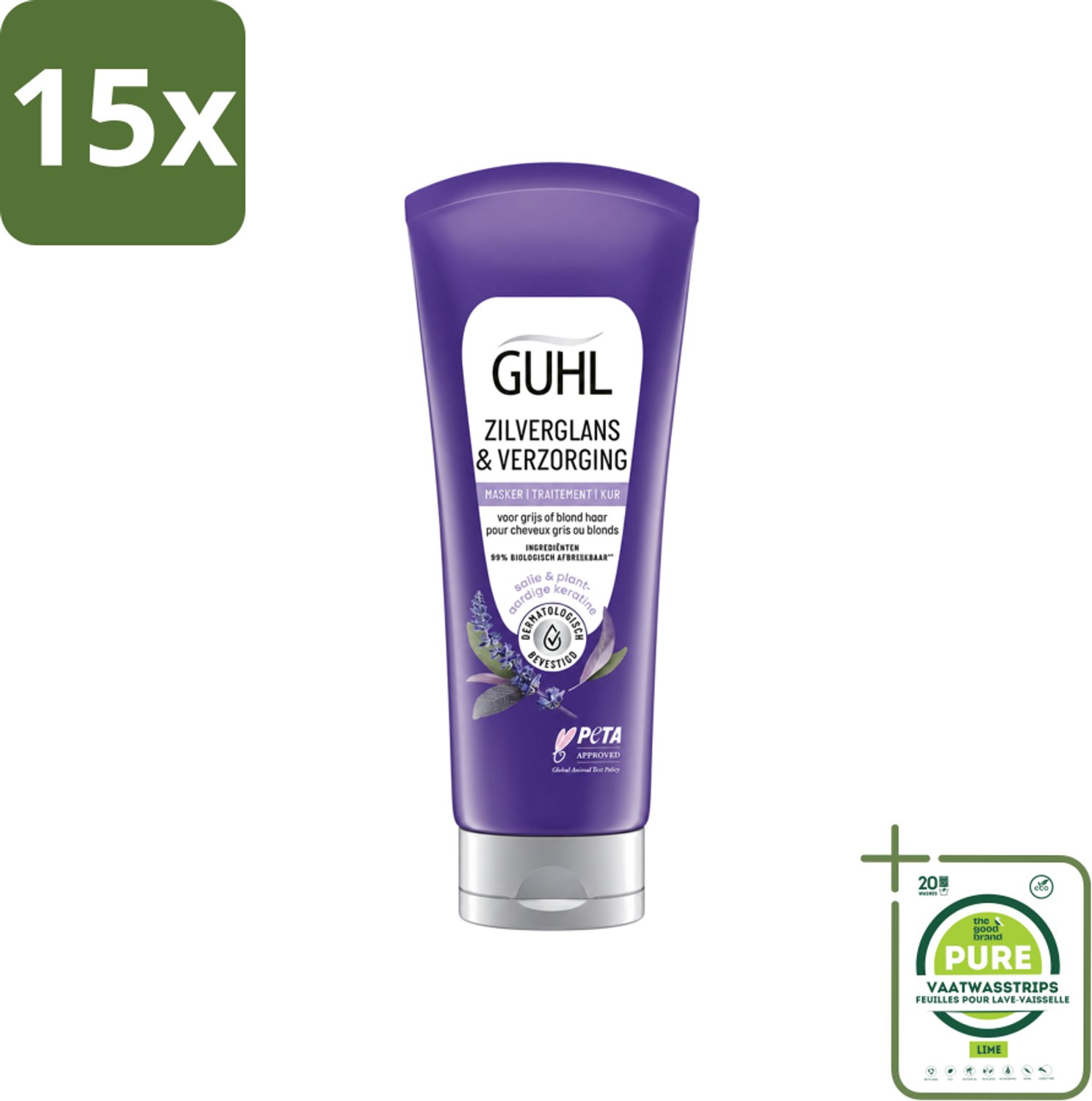 15 x Guhl - Haarmasker - Zilverglans & Verzorging Anti-Geel - 200 ml - Grootverpakking - Vaatwasstrips - Anti-geel Haarmasker - Geel Gloed Neutraliseren - Stralend Blond Haar - Grijs Haar Verzorgen - Haarkleur Opfrissen