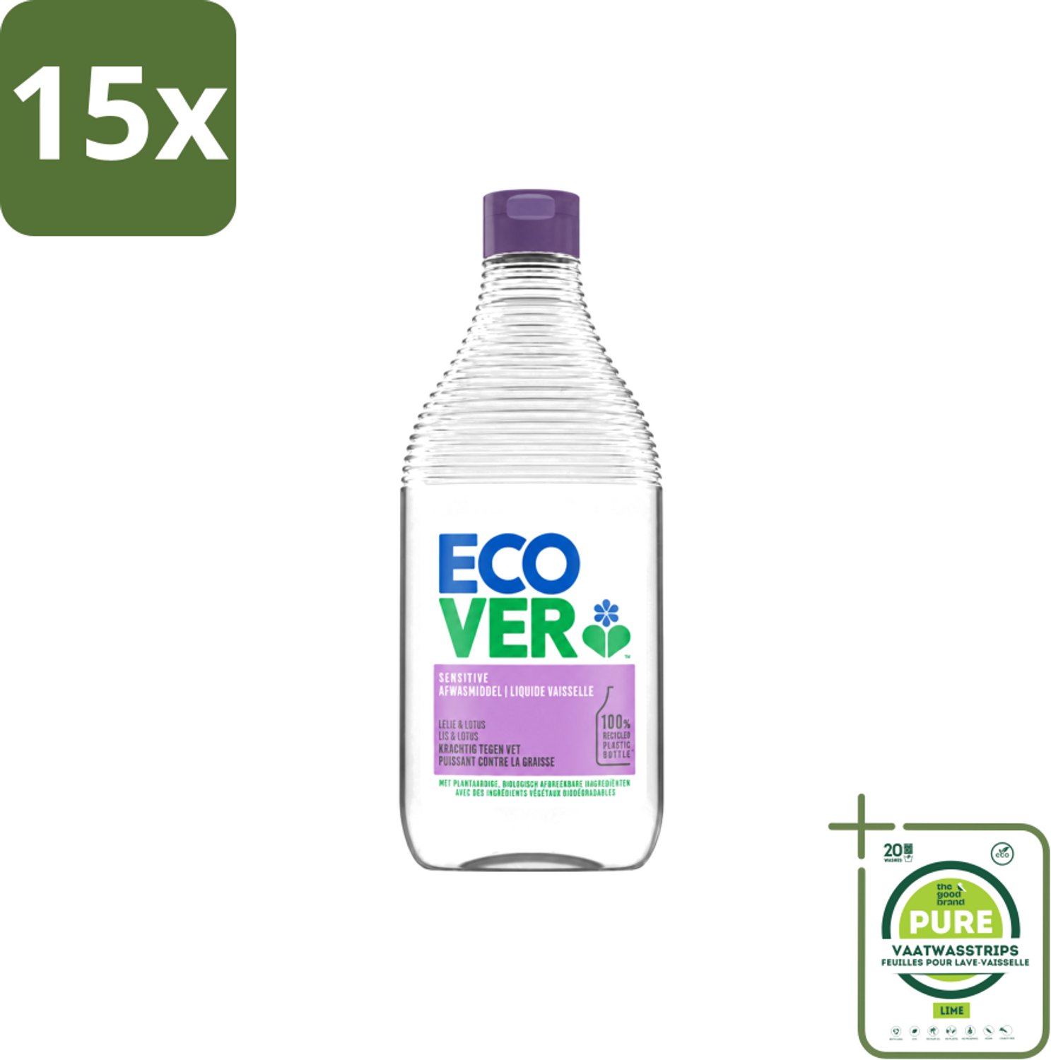 15 x Ecover - Afwasmiddel - Lelie & Lotus - 450 ml - Grootverpakking - Vaatwasstrips - Afwasmiddel - Plantaardig Afwasmiddel - Natuurlijk Afwasmiddel - Afwasmiddel Lelie En Lotus - Afwasmiddel Voor Vaat