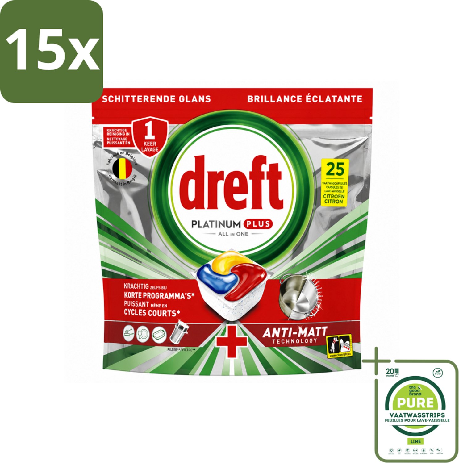 15 x Dreft - Vaatwastabletten - Platinum Plus All-in-One Citroen - Frisse geur - 25 Tabletten - Grootverpakking - Vaatwasstrips - Vaatwasmachine - Vaat Reinigen - Glans Herstellen - Anti-dofheid - Vaat Glans