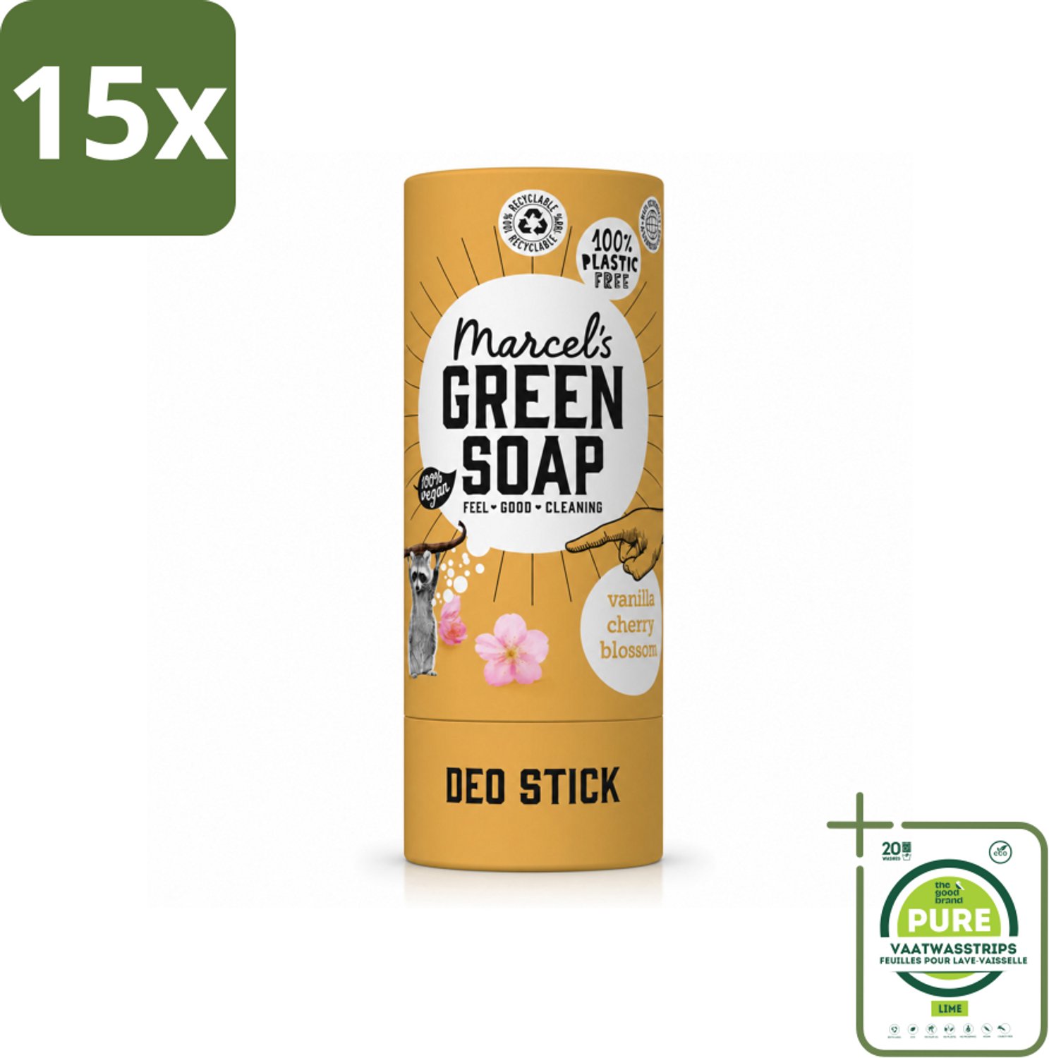 15 x Marcel's Green Soap - Deodorant Stick - Vanille & Kersenbloesem - Langdurige frisheid - 40 gr - Grootverpakking - Vaatwasstrips - Deodorantstok - Natuurlijke Deodorant - Duurzame Deodorant - Vegan Deodorant - Biologische Deodorant