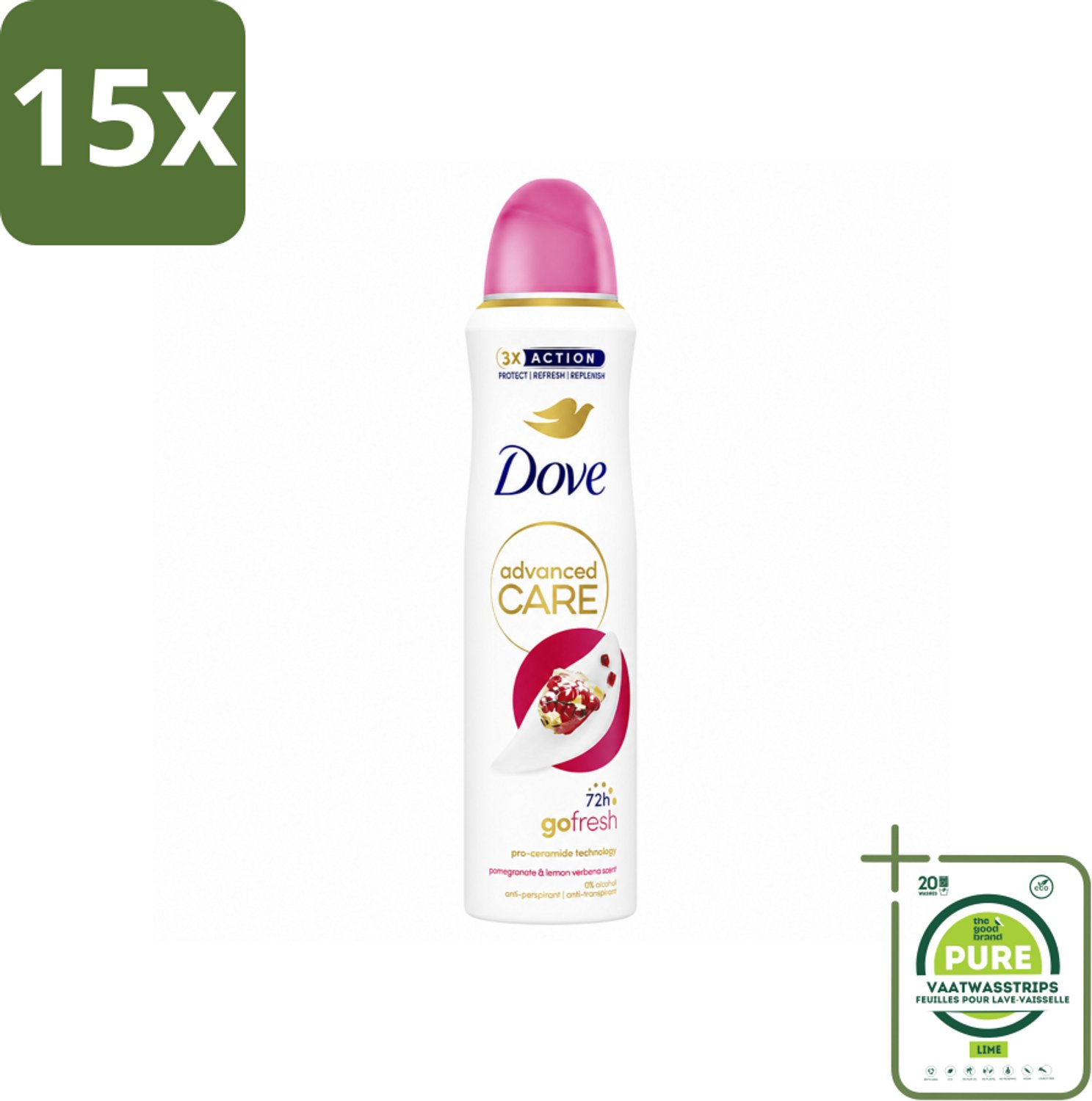 15 x Dove Deodorant Spray - Granaatappel & Citroenverbena - 150 ml - Grootverpakking - Vaatwasstrips - Anti-transpirant - Zweetvermindering - Geurvermindering - Okselhuid Verzorging - Frisheid