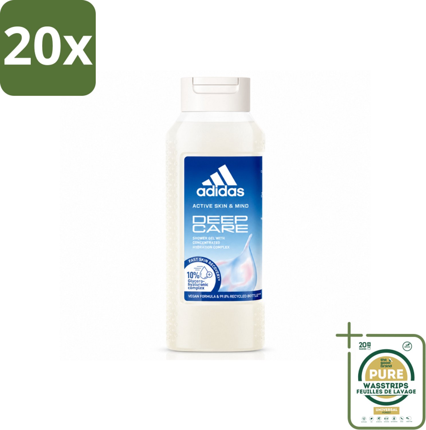 20 x Adidas – Douchegel – Active Skin & Mind Deep Care – 250 ml - Wasstrips - Douchegel Sport - Huid Verzorging - Hydraatatie Na Training - Gevoelige Huid - Vegan Douchegel