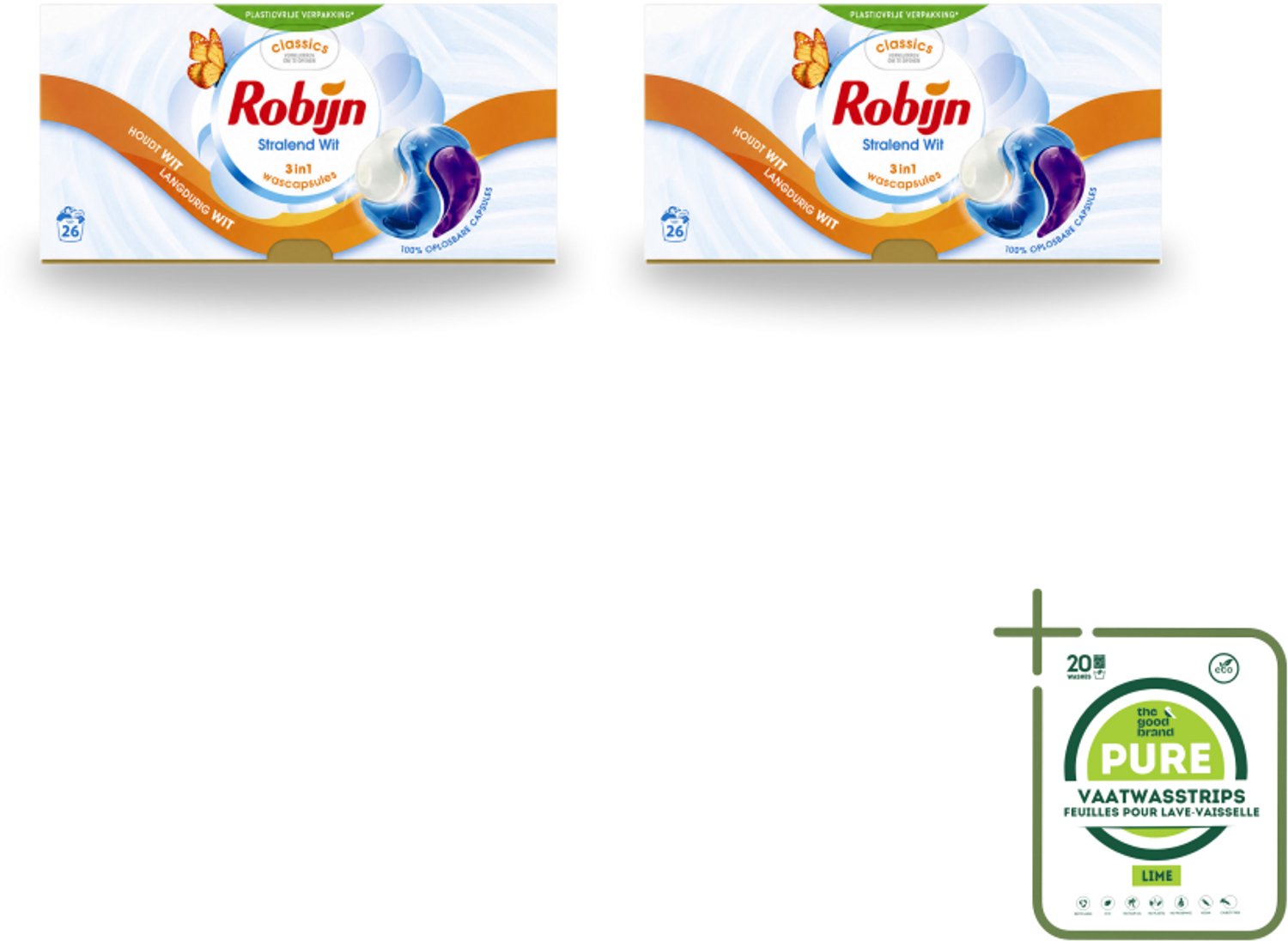 2 x Robijn – 3-in-1 Wascapsules – Stralend Wit - 26 Capsules - Grootverpakking - Vaatwasstrips - Wascapsules - Witte Was - Wasverzachter - Wasgeur - Wasbehandeling