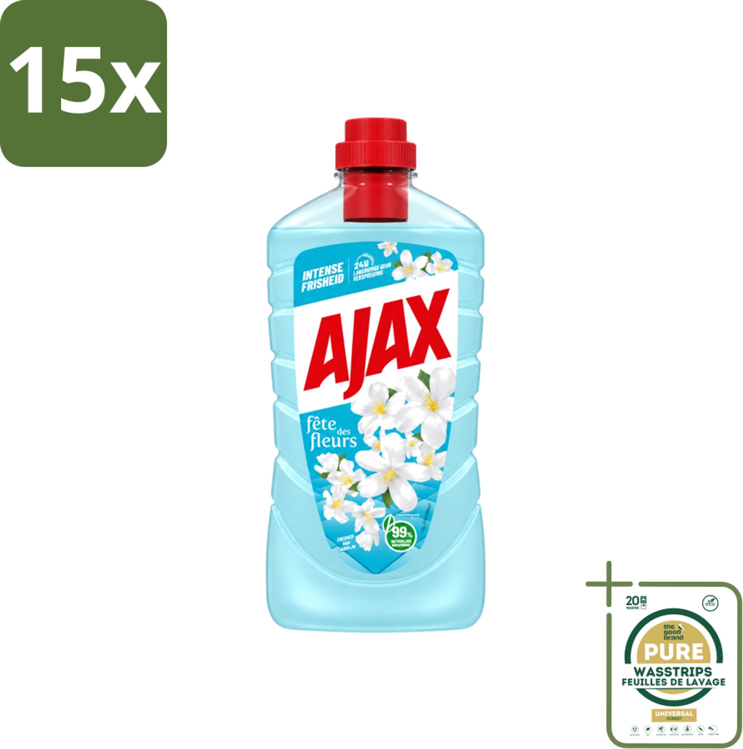 15 x Ajax – Allesreiniger – Jasmijn - 1000 ml - Wasstrips - Allesreiniger - Jasmijngeur - Schoonmaken - Vloer Reinigen - Keuken Reinigen