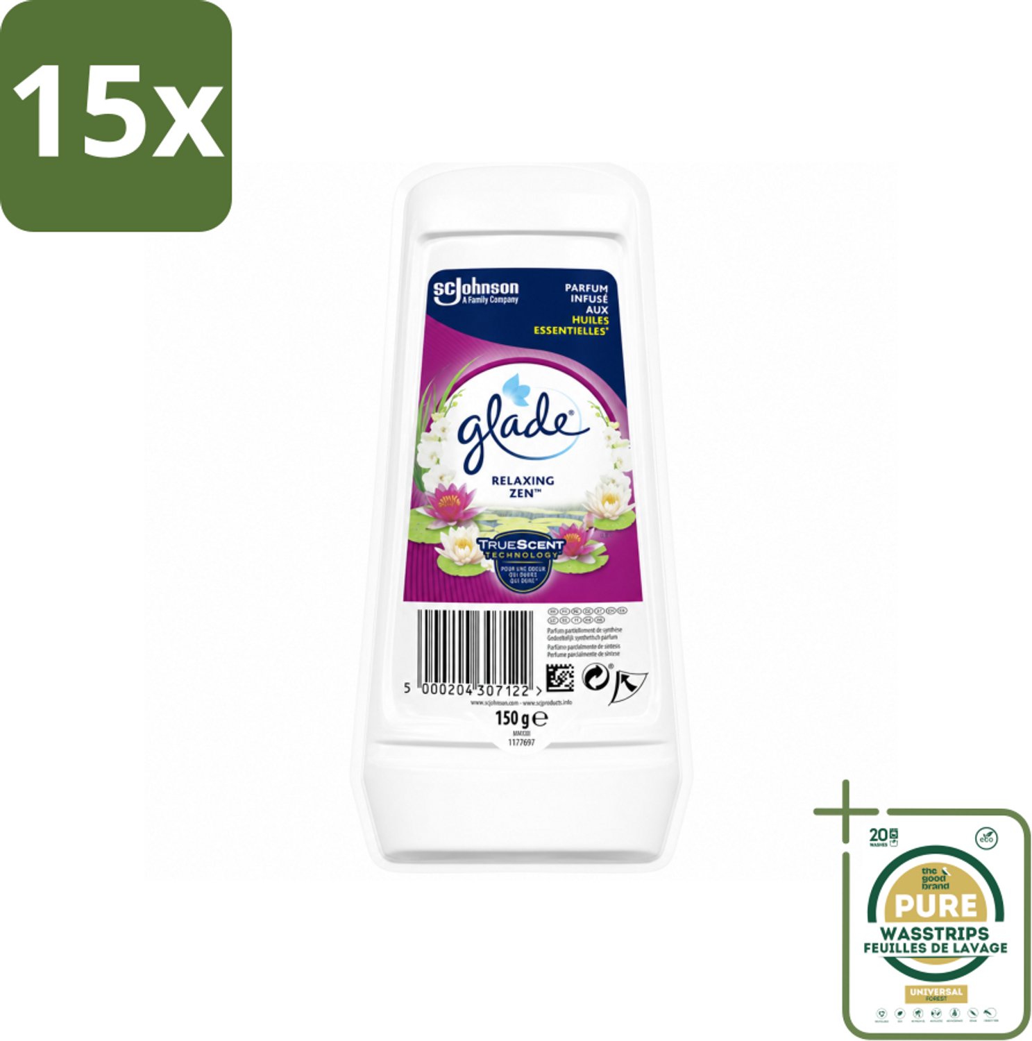 15 x Glade – Luchtverfrisser Gel – Relaxing Zen – 150 g - Wasstrips - Luchtverfrisser Gel - Ontspannende Geur - Geur Neutraliseren - Langdurige Frisheid - Essentiële Oliën