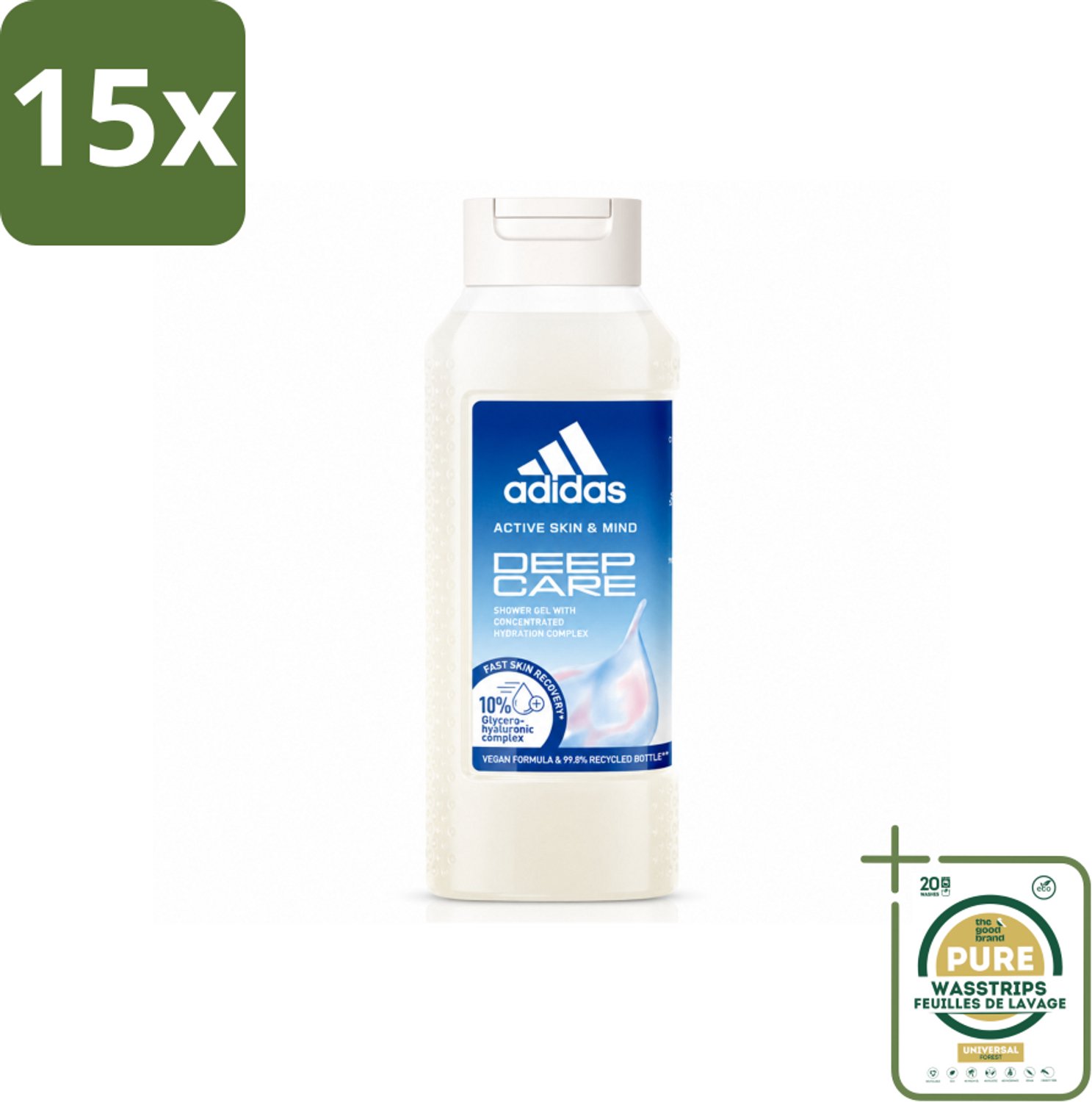 15 x Adidas – Douchegel – Active Skin & Mind Deep Care – 250 ml - Wasstrips - Douchegel Sport - Huid Verzorging - Hydraatatie Na Training - Gevoelige Huid - Vegan Douchegel