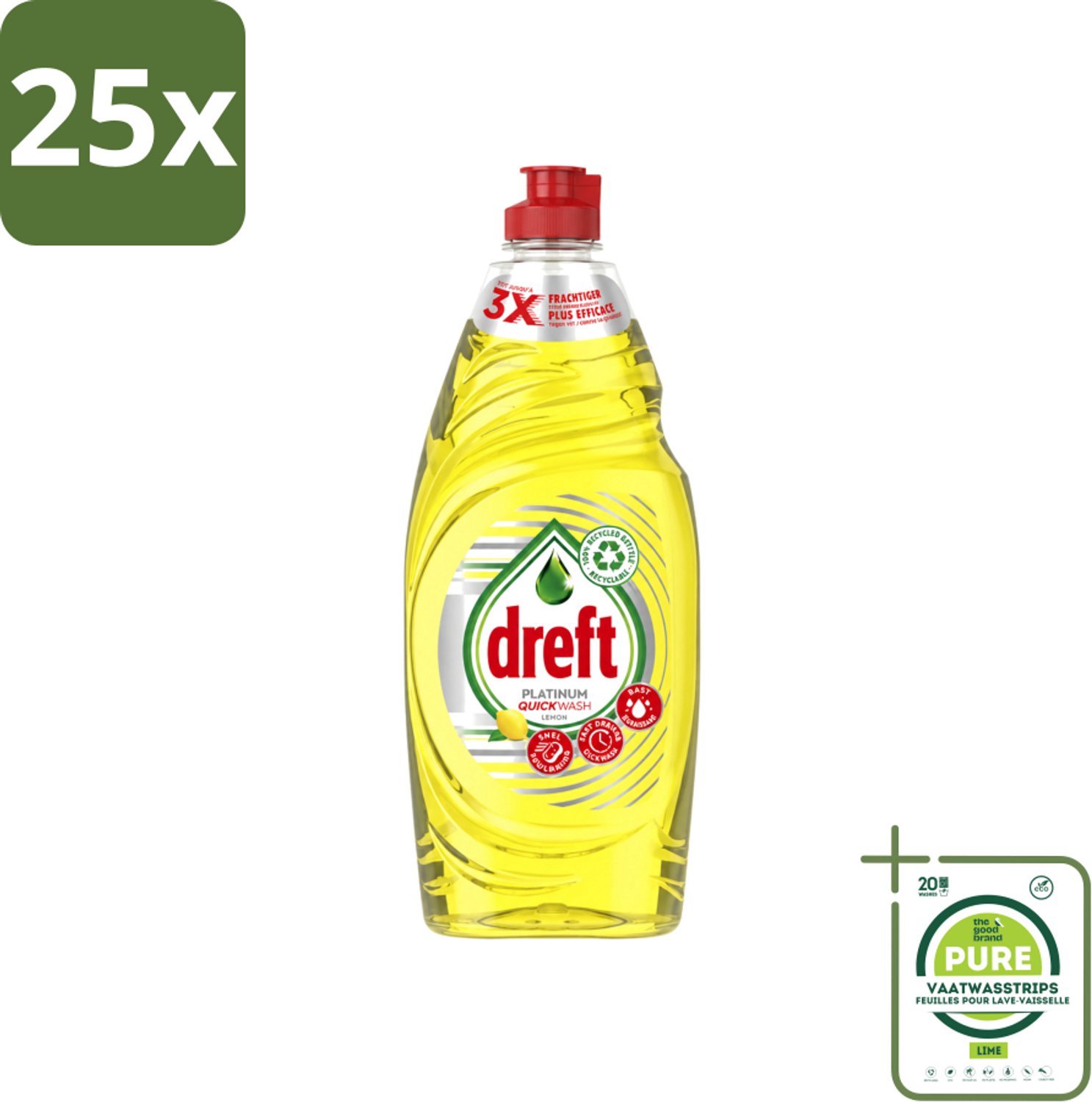 25 x Dreft Platinum Quickwash - Vloeibaar Afwasmiddel - Citroen- 625 ml - Grootverpakking - Vaatwasstrips - Snel Reinigen - Vaat Reinigen - Citroengeur - Vetresten Verwijderen - Afwasmiddel