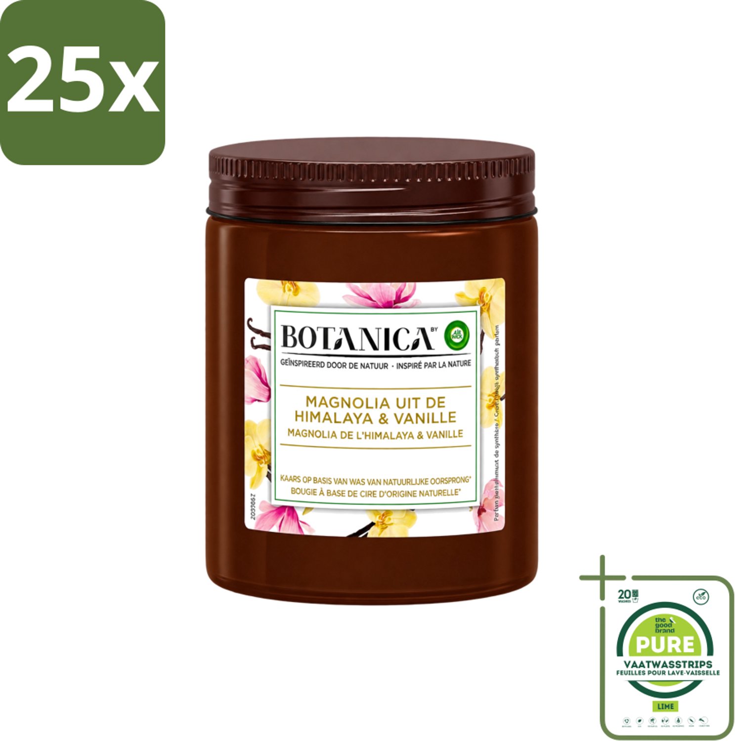 Air Wick 25 x Botanica by Air Wick - Geurkaars - Vanille & Magnolia - 40 Uur Brandduur - Grootverpakking - Vaatwasstrips - Geurkaars - Vanille En Magnolia - Natuurlijke Geur - Luxe Geur - Ontspanning Bruin